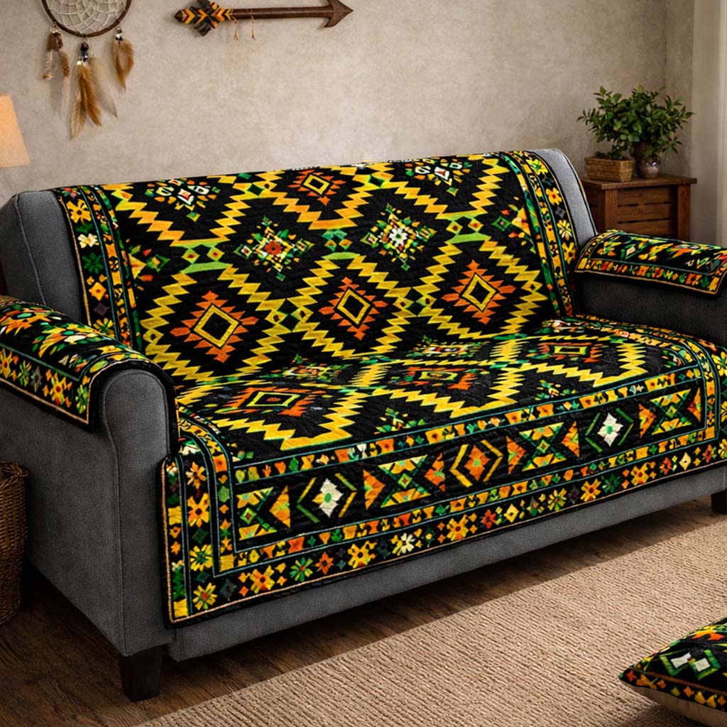 Midnight Tribal Geometry Quilted Sofa Cover Tribal Home Couch Cover Gifts For House Lovers - Tradiviet