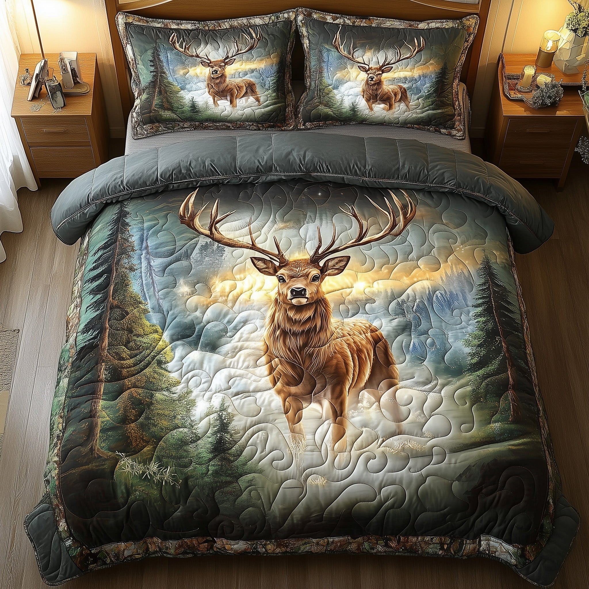 Misty Forest Deer Quilted Bedding Set Misty Forest Desert Gift For Misty Fans - Tradiviet