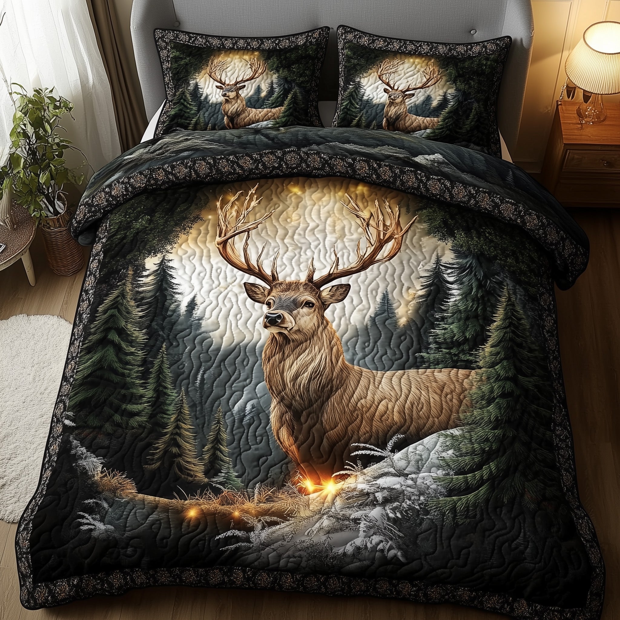 Misty Forest Deer Quilted Bedding Set Misty Forest Splendor Gift For Misty Deer - Tradiviet