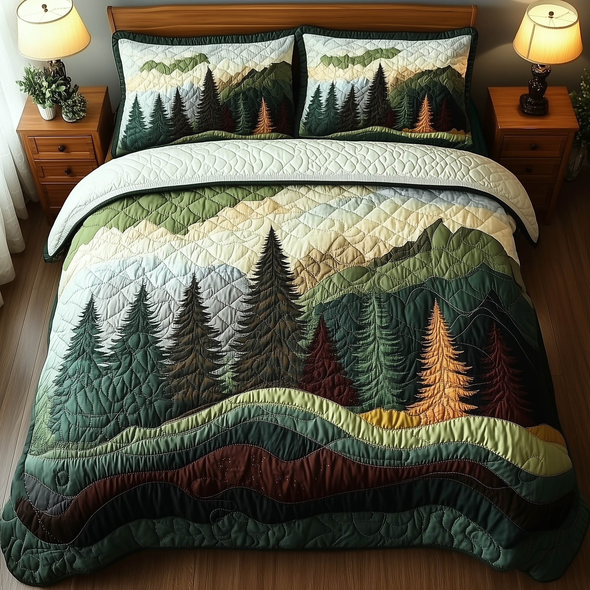 Misty Forest Mountain Quilted Bedding Set Misty Forest Bedroom Gift For Forest Mountain - Tradiviet