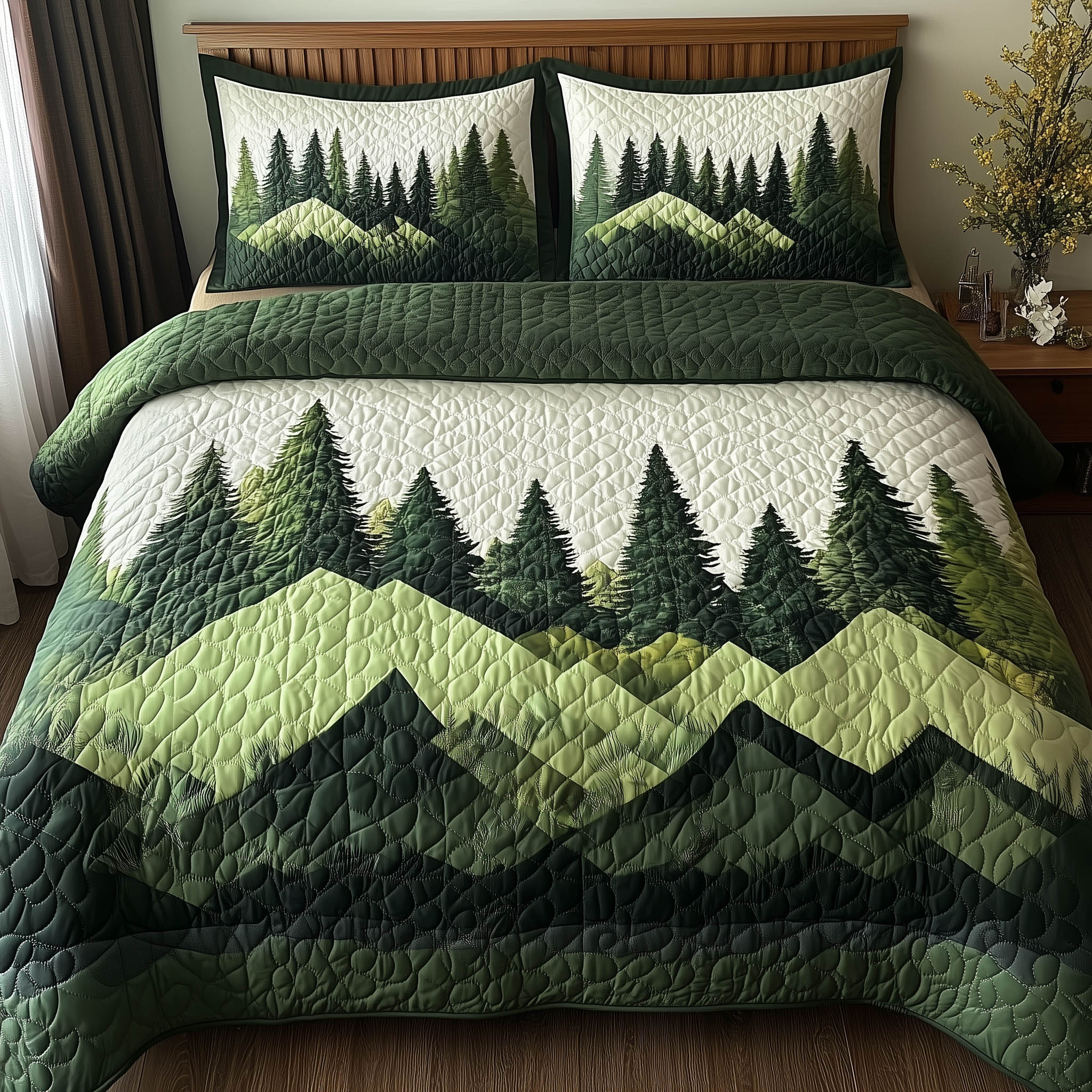 Misty Forest Mountain Quilted Bedding Set Misty Forest Feature Gift For Misty Mountain - Tradiviet