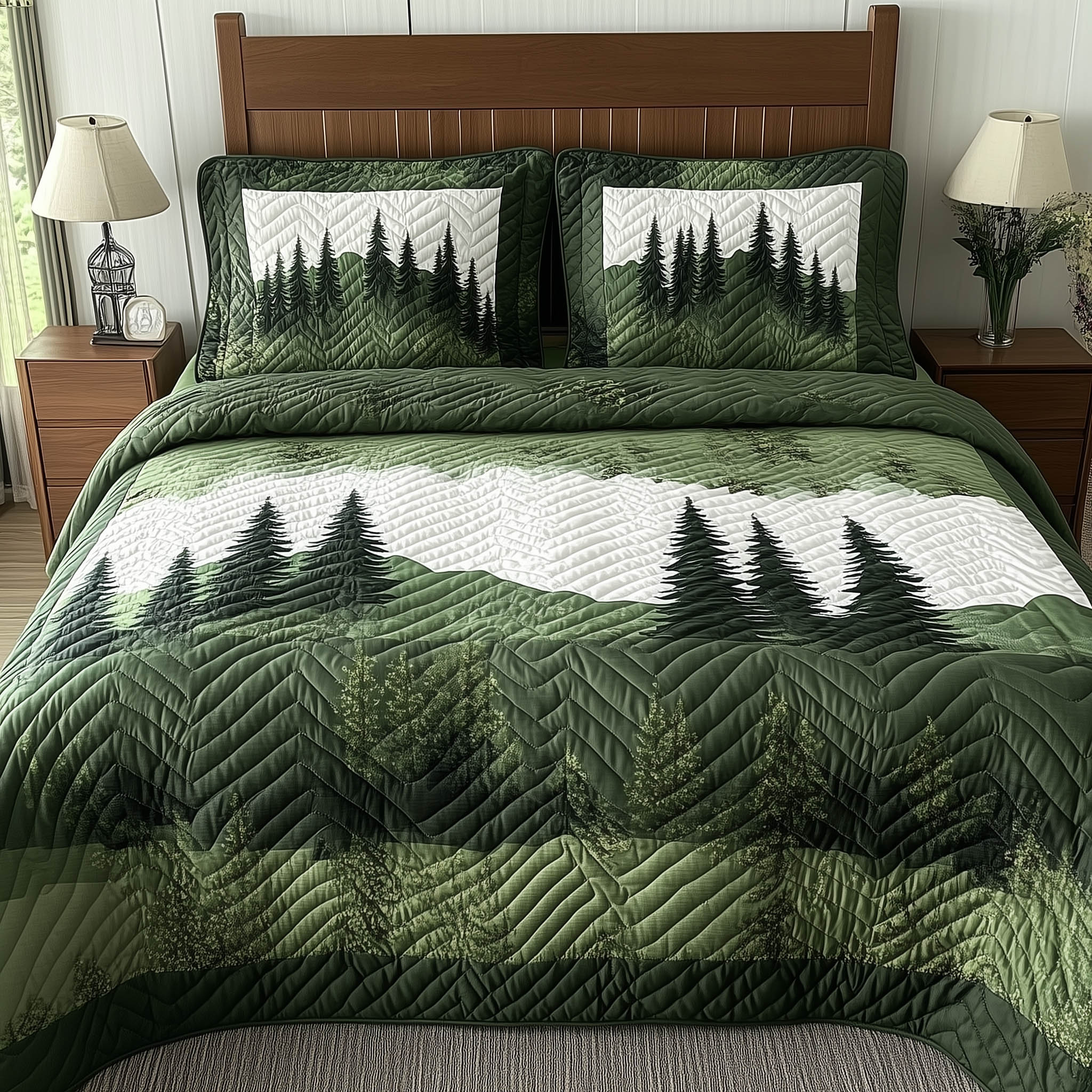Misty Forest Mountain Quilted Bedding Set Misty Forest Pattern Gift For Misty Forest - Tradiviet