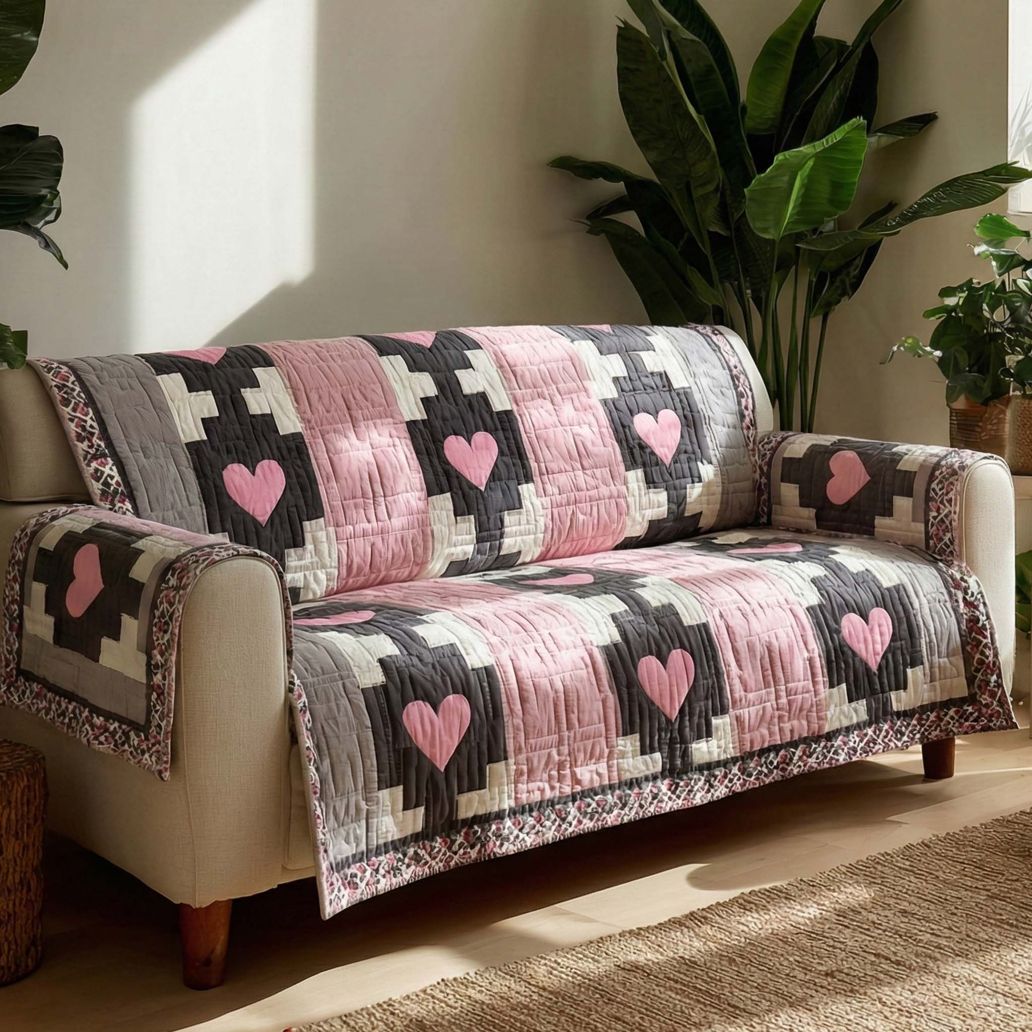 Modern Hearts Quilted Sofa Cover Cute Room Decor Gift For Home Decorators - Tradiviet