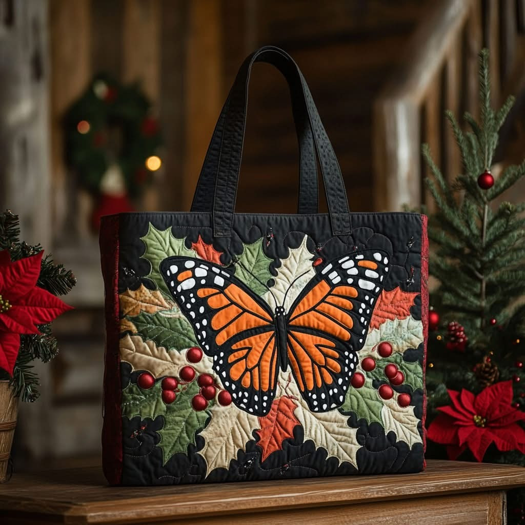 Monarch Butterfly Elegance Quilted Tote Bag Holly Leaf Bag Gifts For Butterfly Lovers - Tradiviet