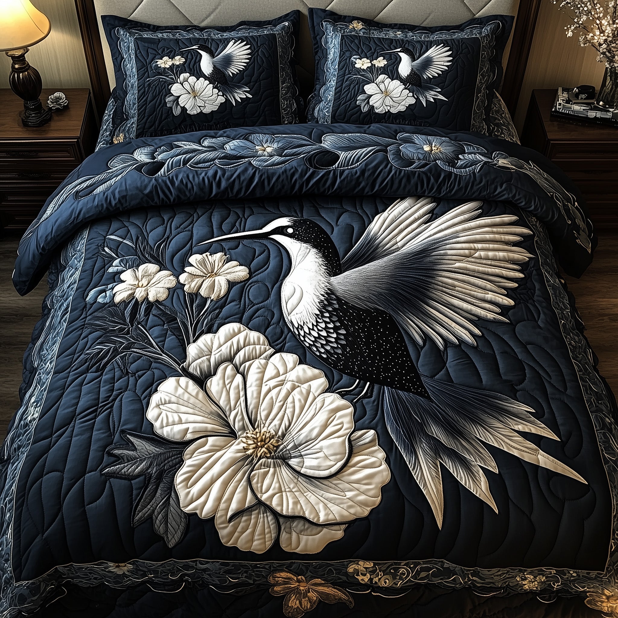 Monochrome Hummingbird Quilted Bedding Set Monochrome Hummingbird Textile Nature Gifts - Tradiviet