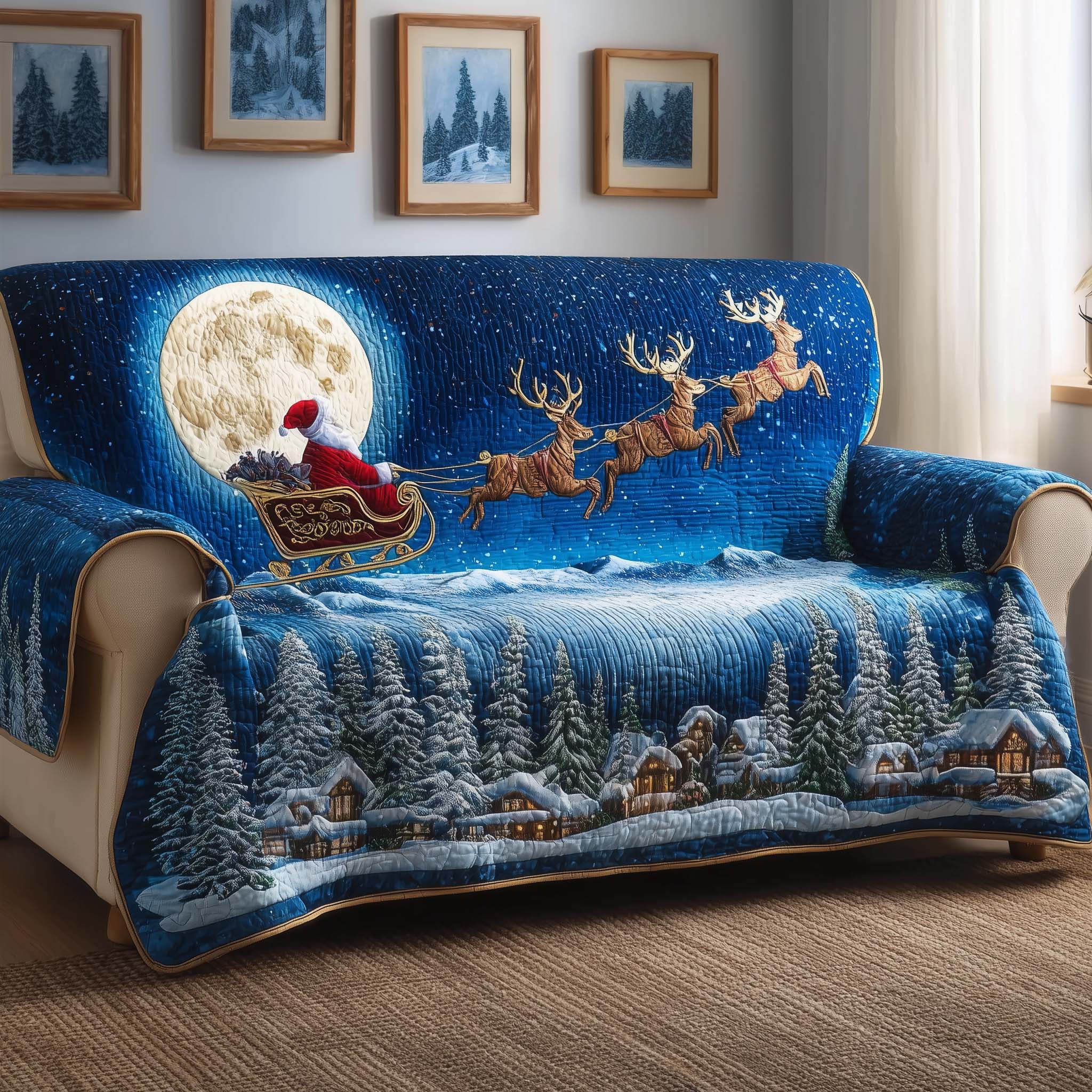 Moon Santa Quilted Sofa Cover Christmas Home Couch Cover Gifts For Home Decor - Tradiviet