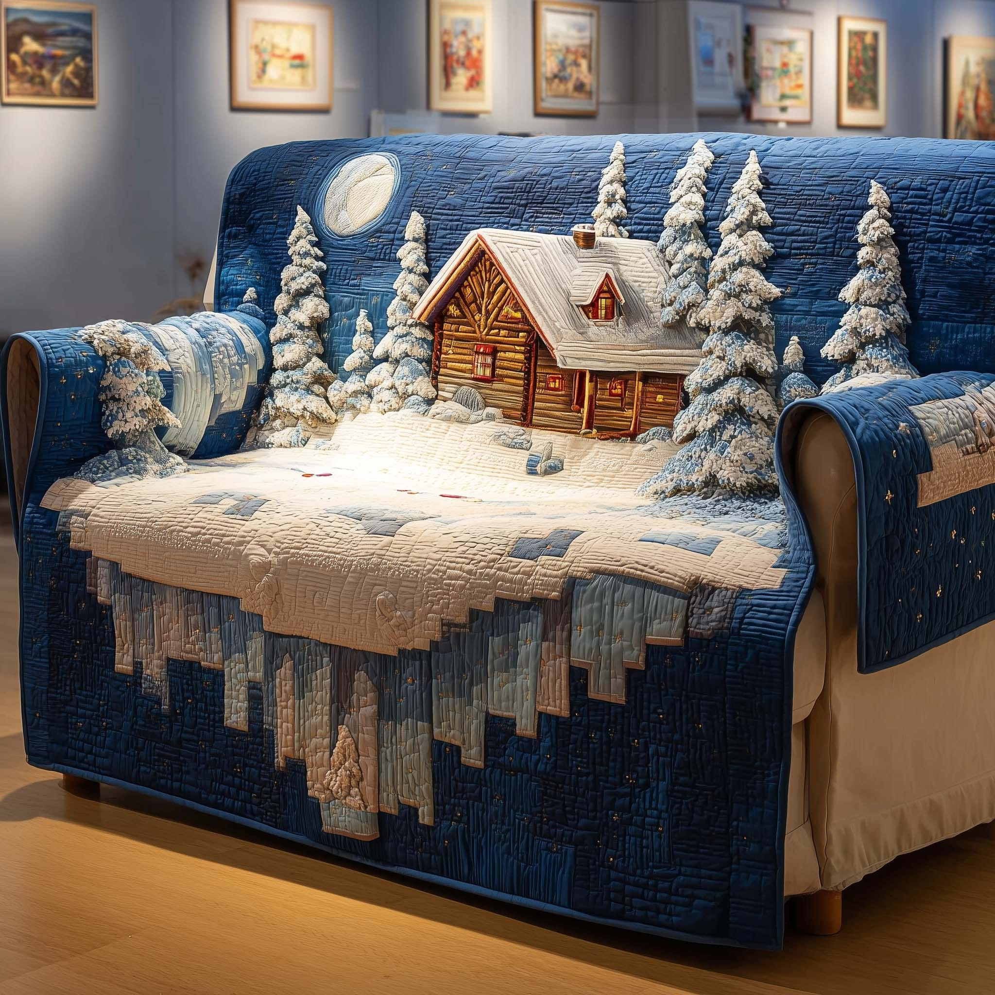 Moonlit Cabin Winter Quilted Sofa Cover Christmas Couch Covers Living Room Decorations - Tradiviet