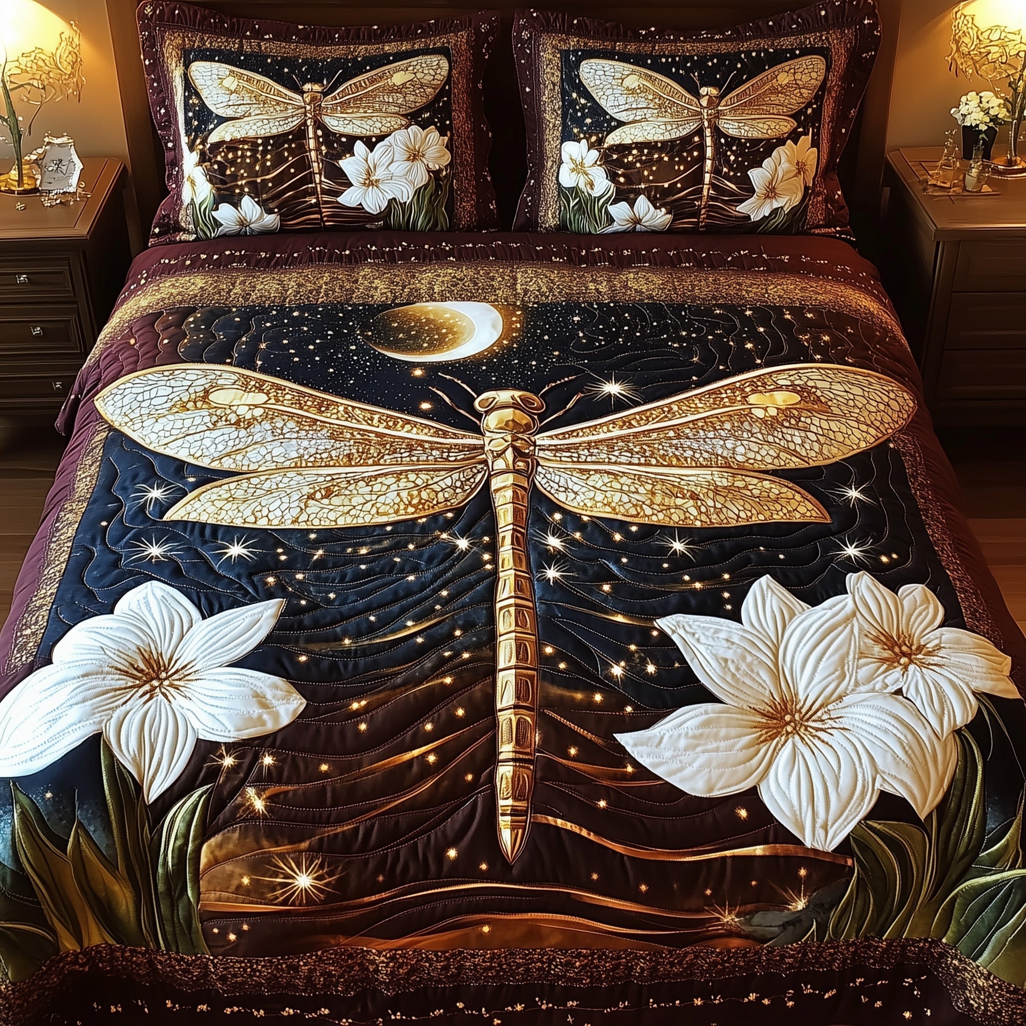 Moonlit Dragonfly Quilted Bedding Set Moonlit Dragonfly Moonlight Gift For Moonlit Dragonfly - Tradiviet