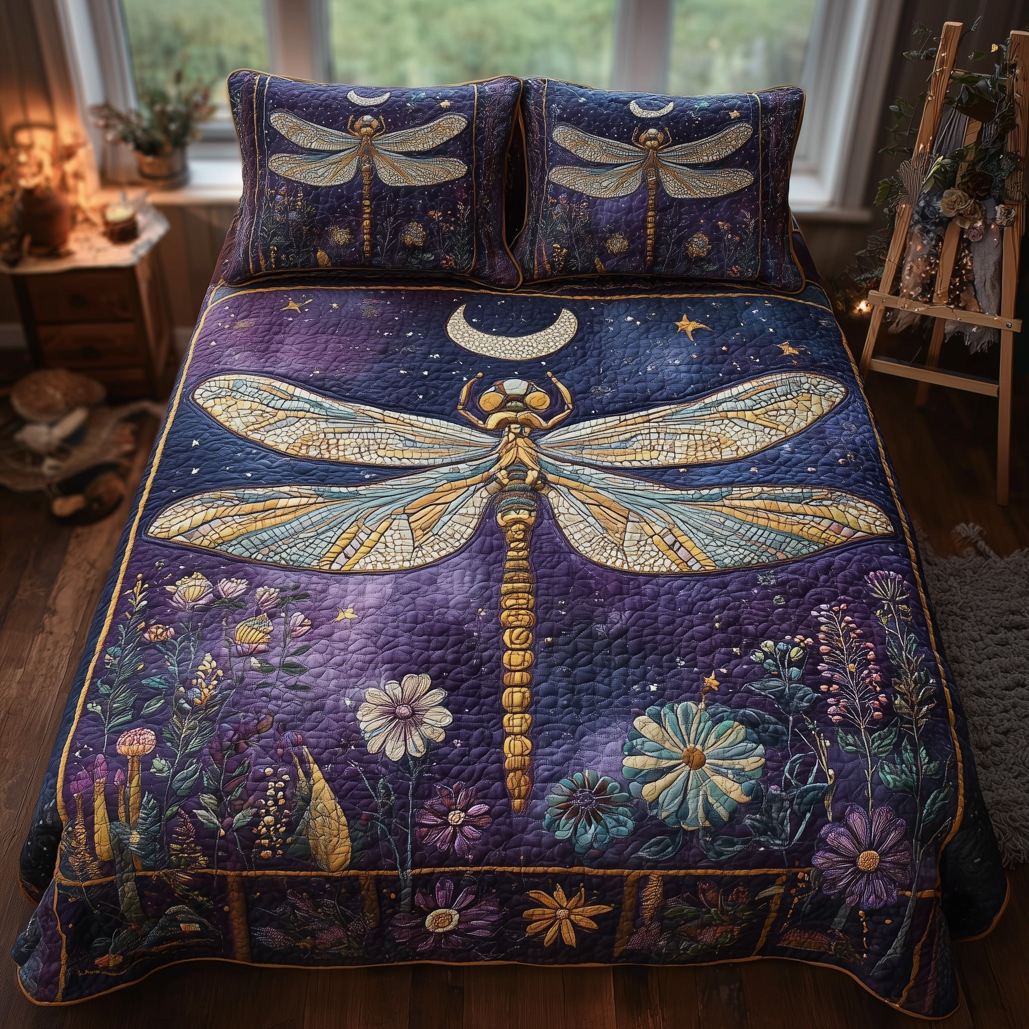 Moonlit Dragonfly Quilted Bedding Set Moonlit Dragonfly Shore Gift For Moonlit Fans - Tradiviet