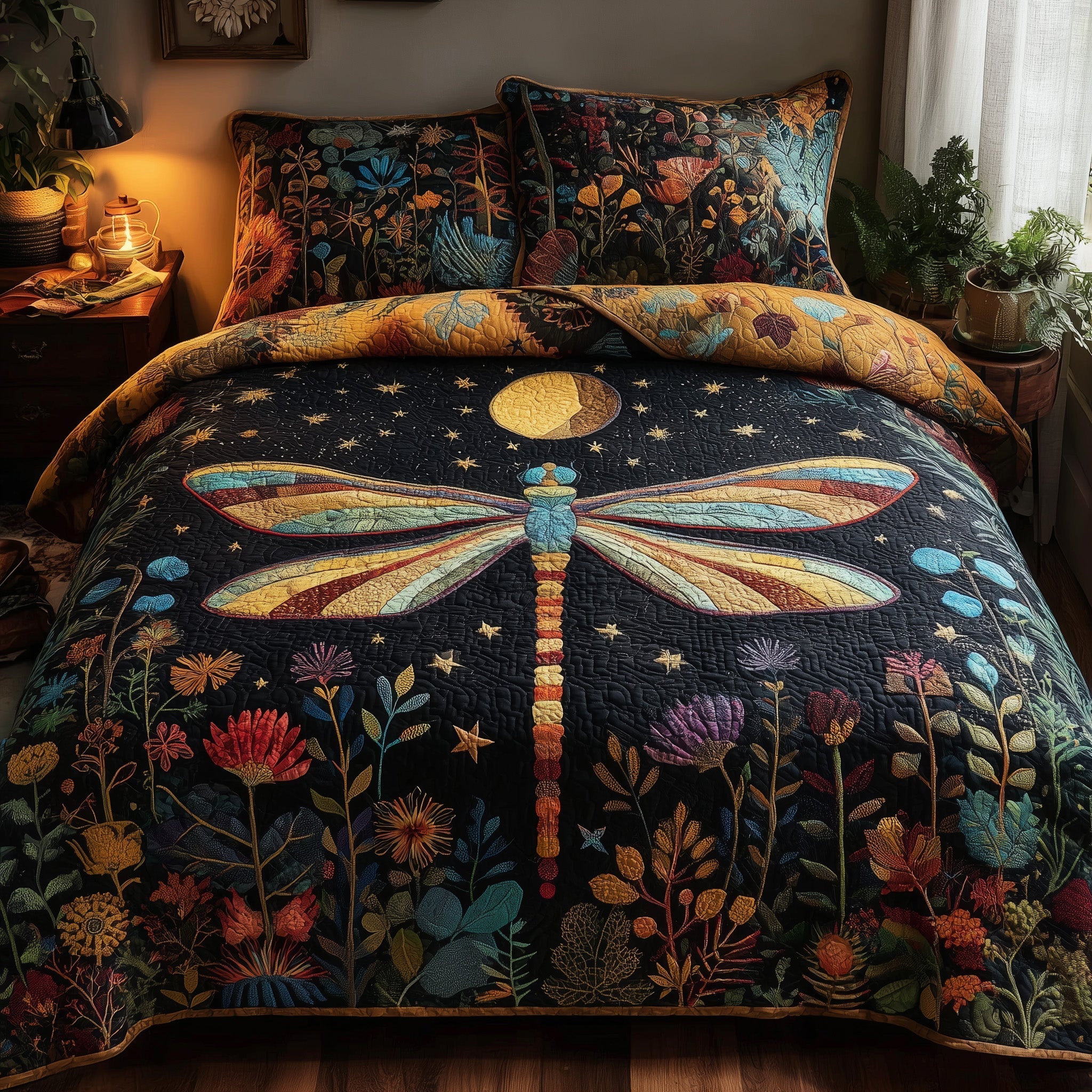 Moonlit Dragonfly Quilted Bedding Set Moonlit Dragonfly Sunset Gift For Moonlit Friends - Tradiviet