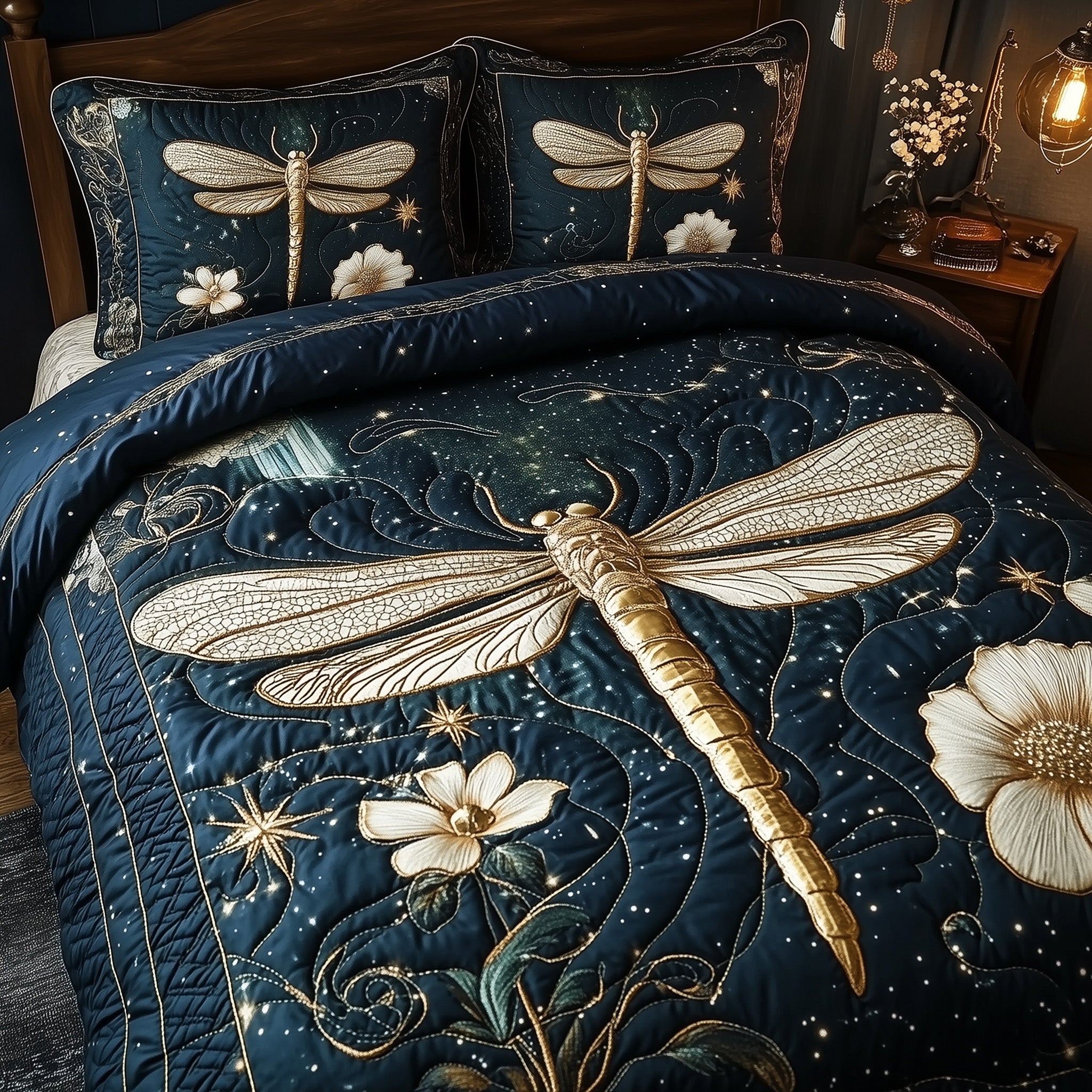 Moonlit Dragonfly Quilted Bedding Set Moonlit Dragonfly Touch Gift For Moonlit Lovers - Tradiviet