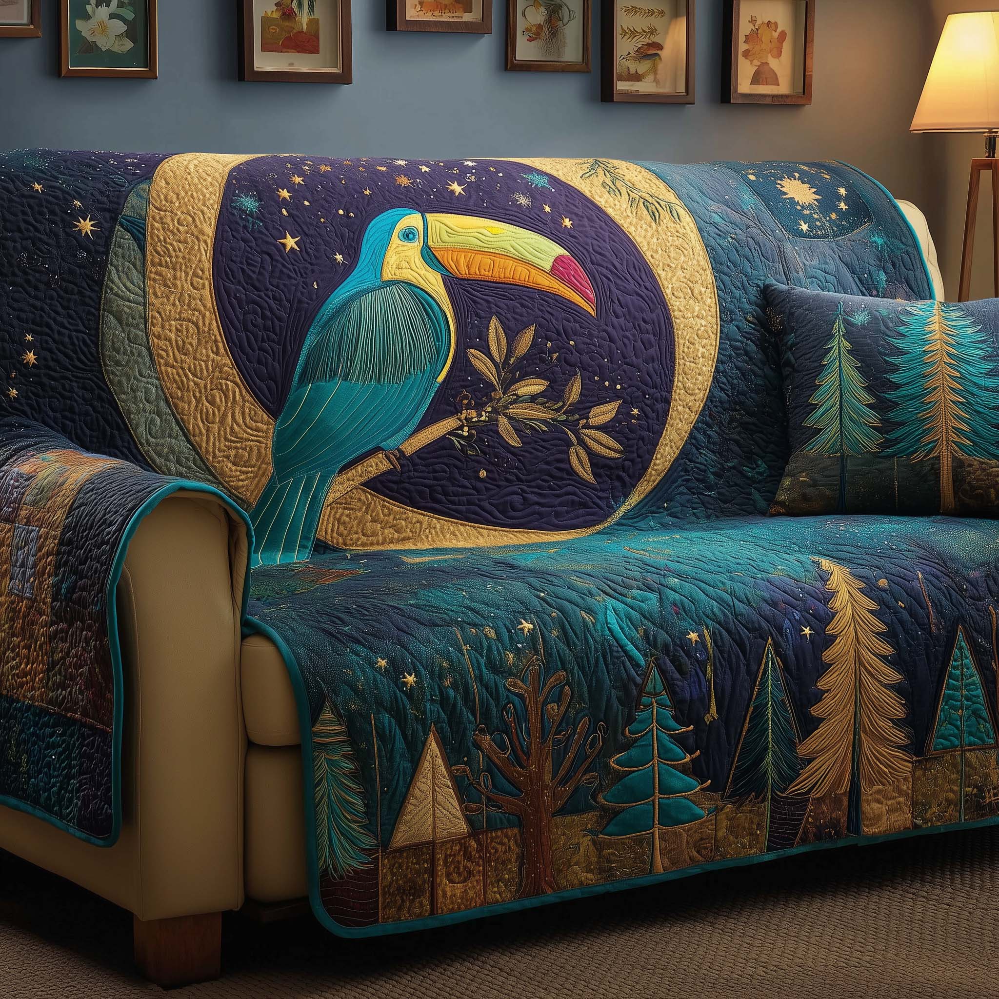 Moonlit Toucan Quilted Sofa Cover Bird Home Couch Cover Best Room Decor Gifts - Tradiviet