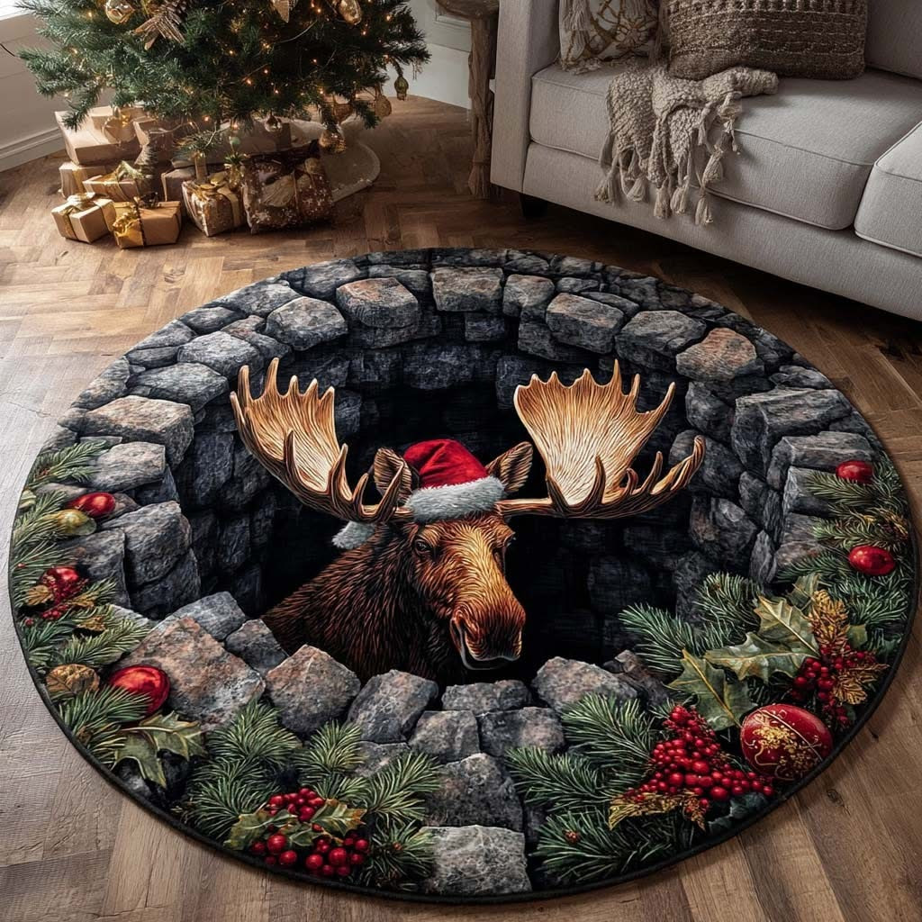 Moose Holiday Christmas Round Mat Circle Carpet Rug Decorations Xmas Gifts For Family - Tradiviet