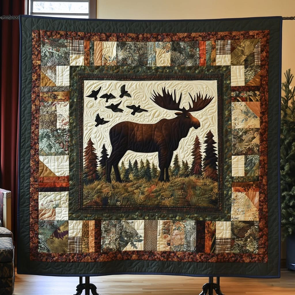 Moose Patchwork Quilt Blanket Merchandise Unique Moose Lover Themed Gift Items Christmas - Tradiviet