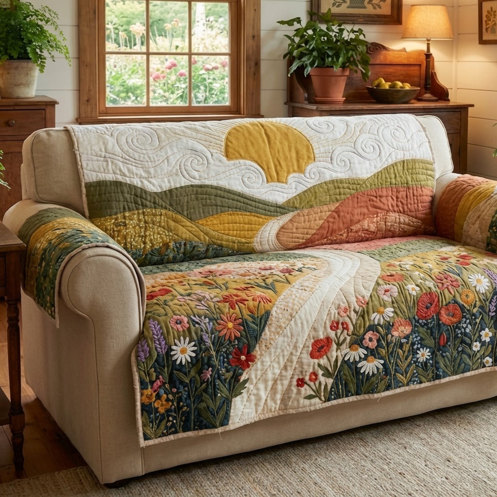 Morning Fields Quilted Sofa Cover Unique Home Room Decor Unique Room Decor Gifts - Tradiviet