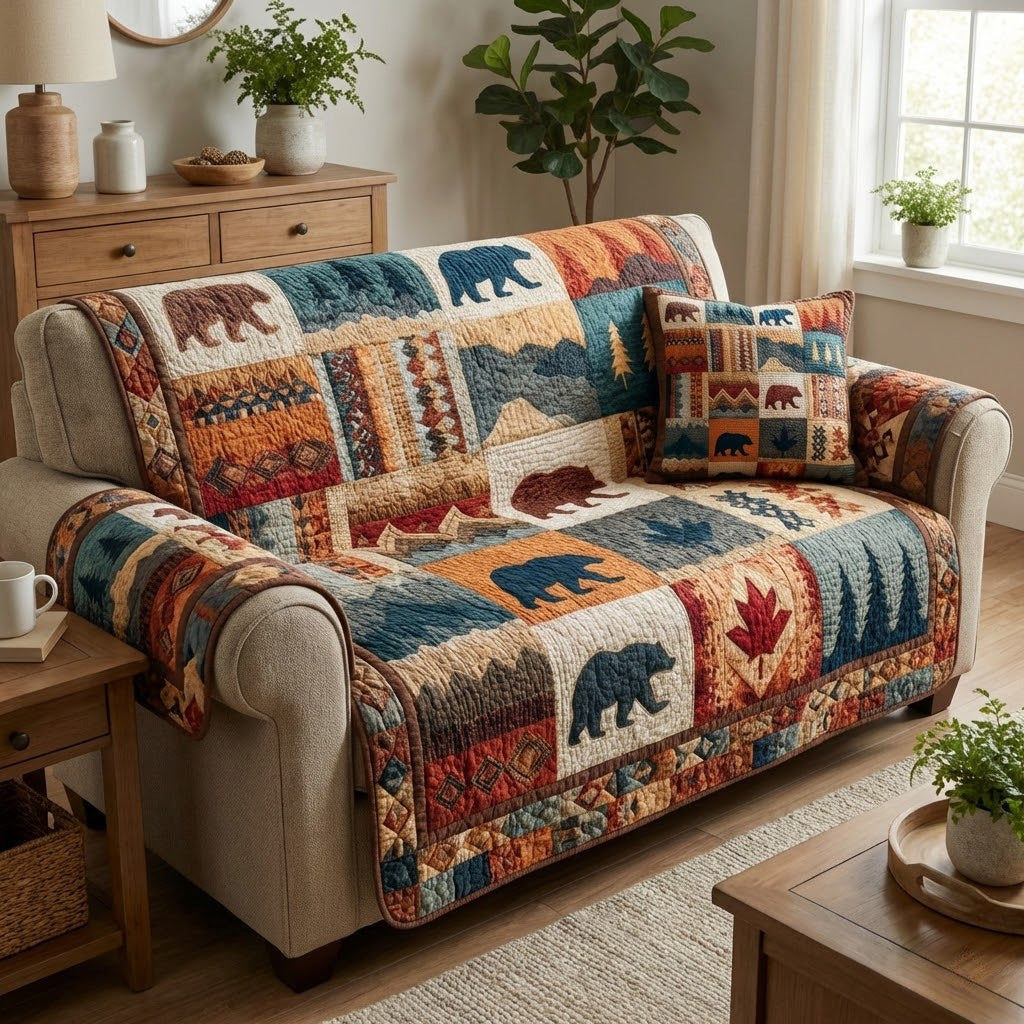 Mountain Bears Quilted Sofa Cover Best Sectional Couch Covers Bear Gifts For Him Her - Tradiviet