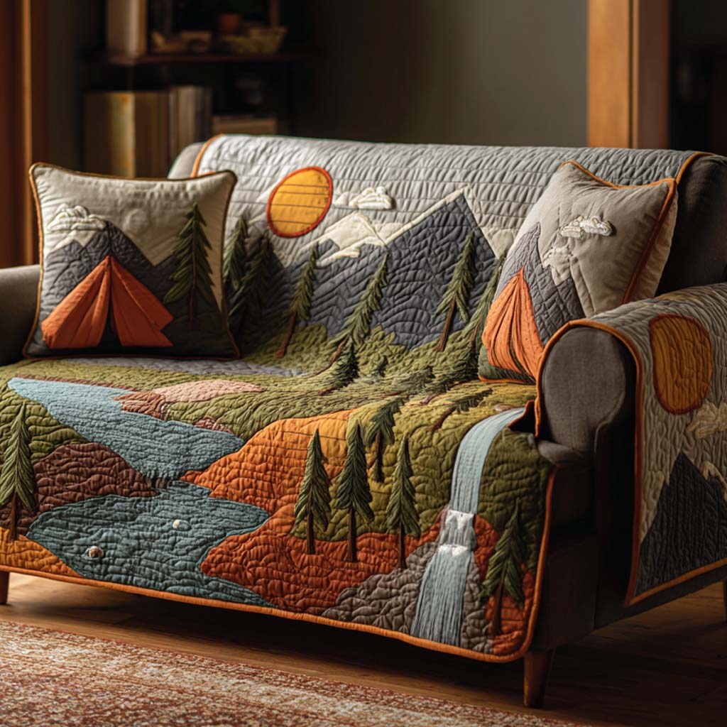 Mountain Sunset Camp Quilted Sofa Cover Seasonal Room Decor Unique Sun Lover Gifts - Tradiviet