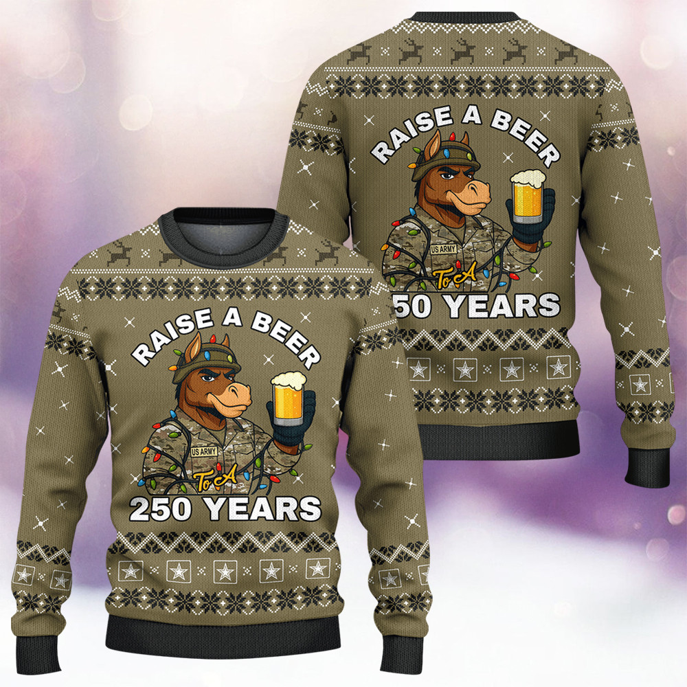 Mule US Army Raise A Beer Ugly Christmas Sweater 250Th Anniversary Merch Army Veteran Gift - Tradiviet - Image 3