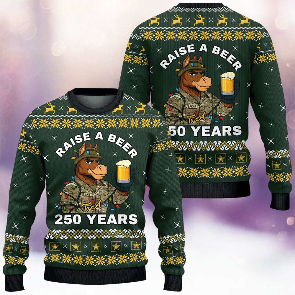 Mule US Army Raise A Beer Ugly Christmas Sweater 250Th Anniversary Merch Army Veteran Gift - Tradiviet - Image 2
