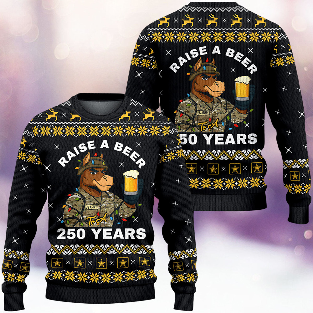 Mule US Army Raise A Beer Ugly Christmas Sweater 250Th Anniversary Merch Army Veteran Gift - Tradiviet