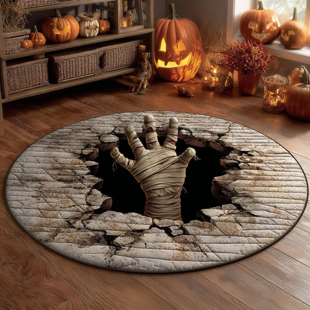 Mummy Creepy Hand Halloween Quilted Round Mat 3D Mummy Hand Breaking Through Floor Mat - Tradiviet