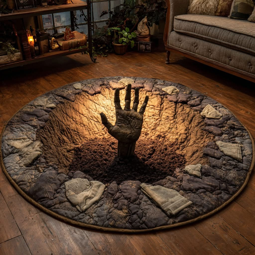Mummy Grave Hand Halloween Quilted Round Mat 3D Mummy Coffin Breakout Through Floor Mat - Tradiviet