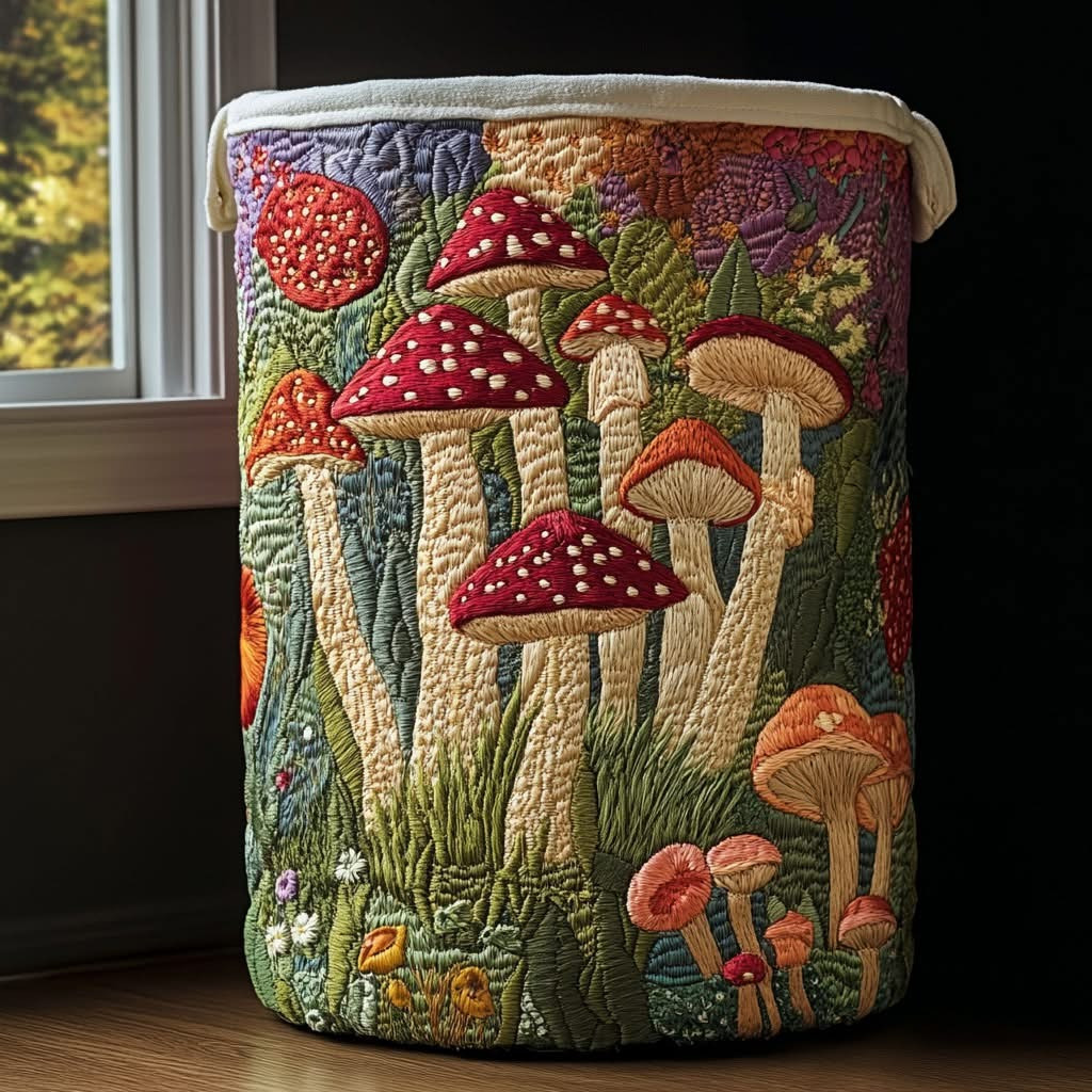 Mushroom Field Quilted Laundry Basket Best Hamper Basket Gifts For Mushroom Lovers - Tradiviet