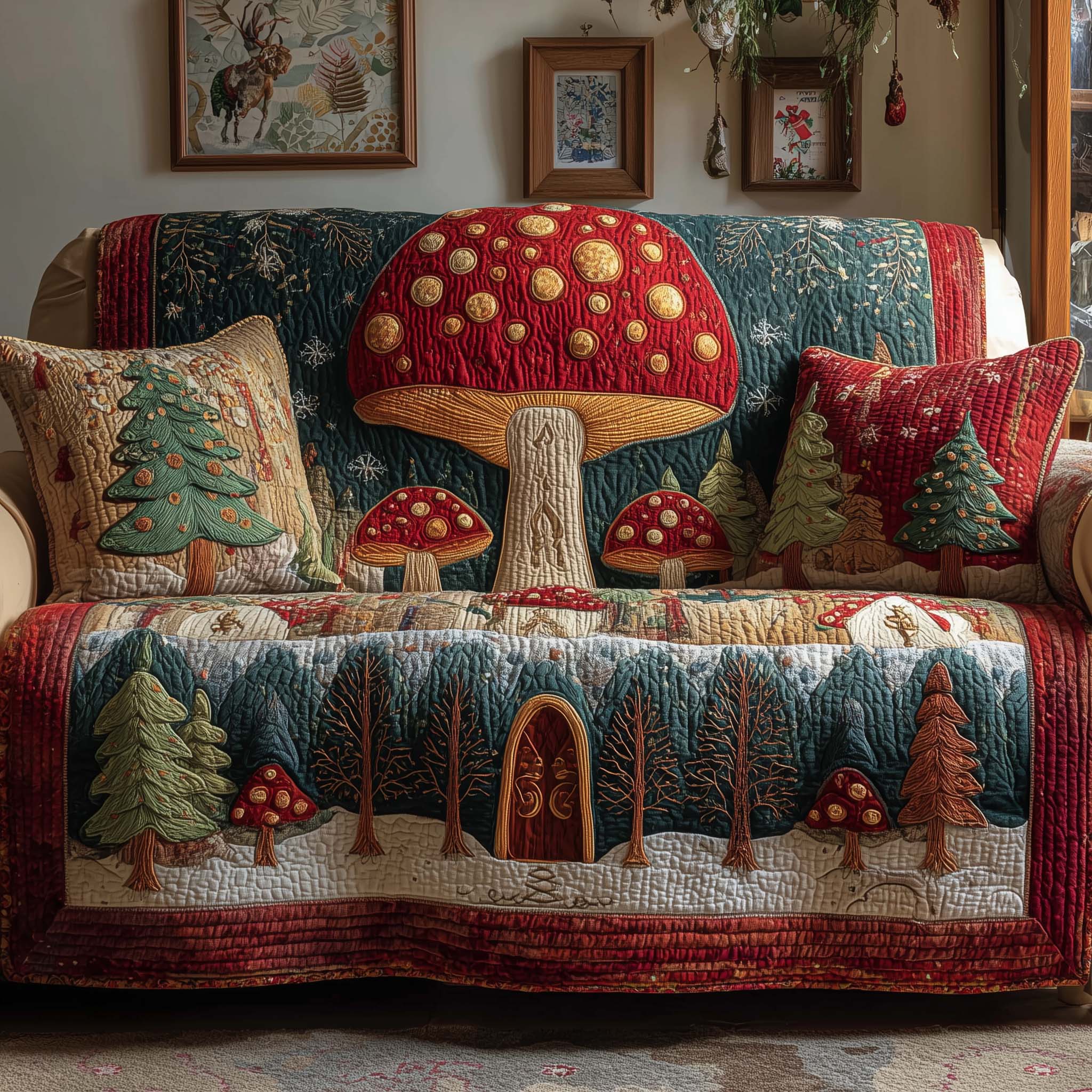 Mushroom Forest Quilted Sofa Cover Forest Home Couch Cover Gift For Living Room - Tradiviet