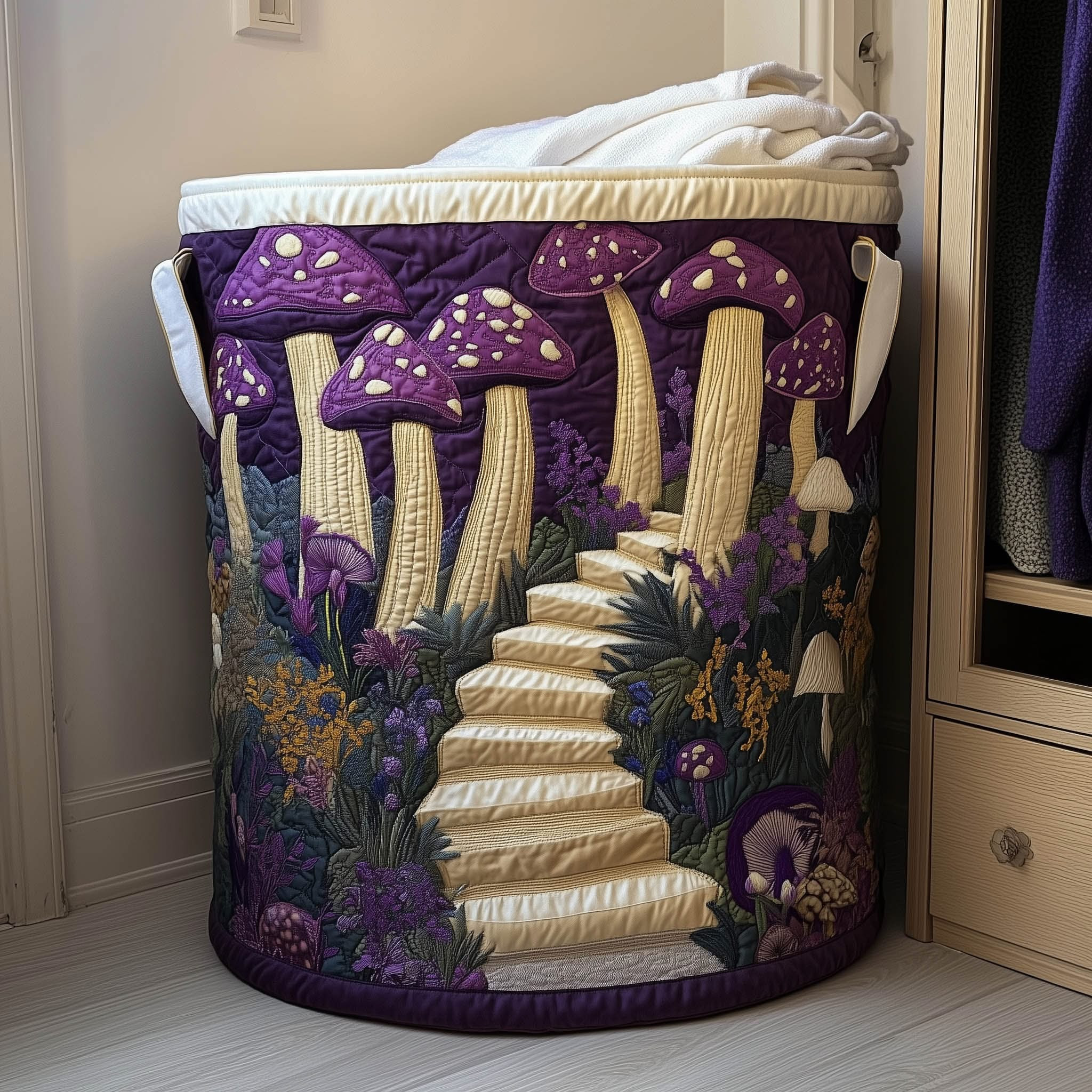 Mushroom Mystic Quilted Laundry Basket Best Clothes Hamper Housewarming Gifts For Friends - Tradiviet
