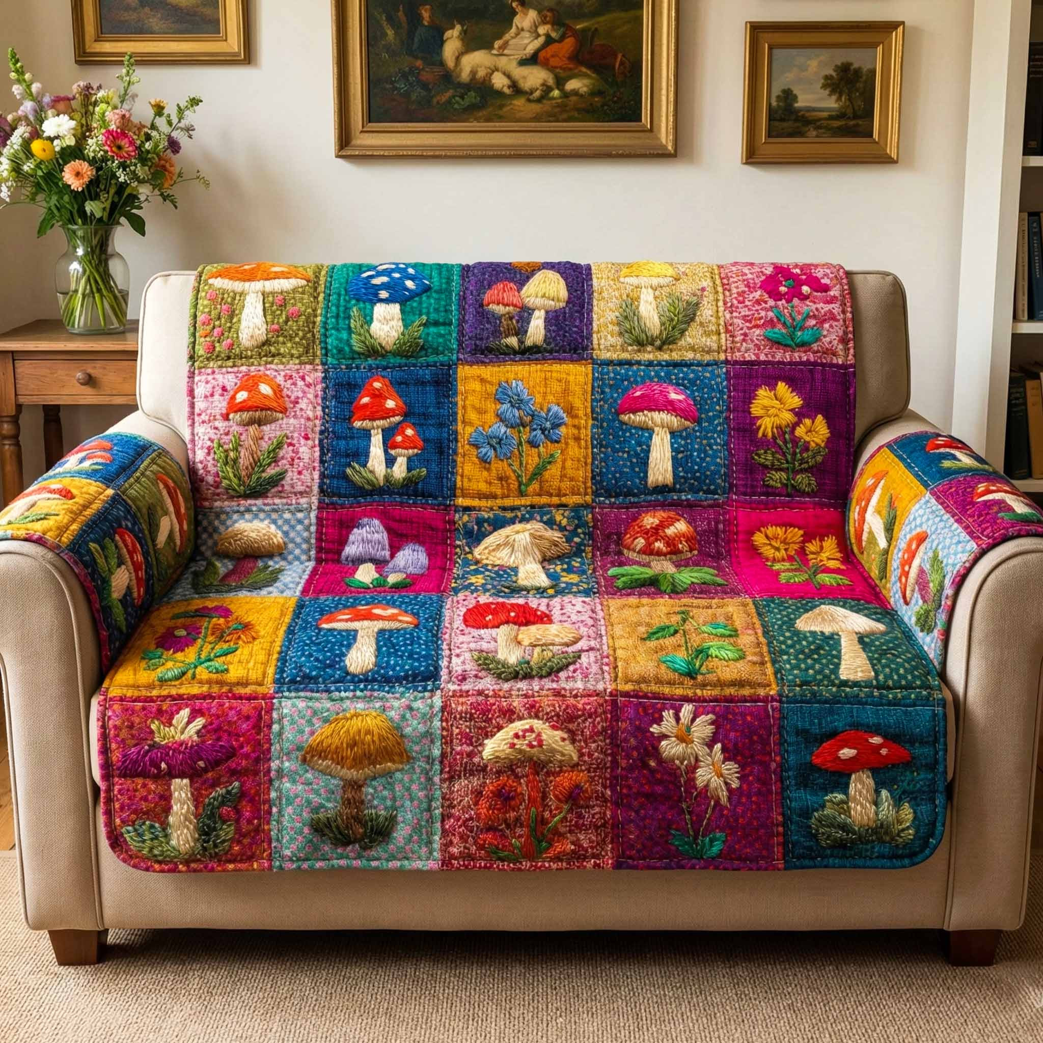 Mushroom Patch Quilted Sofa Cover Best Couch Slipcovers Special Gifts For Him Her - Tradiviet