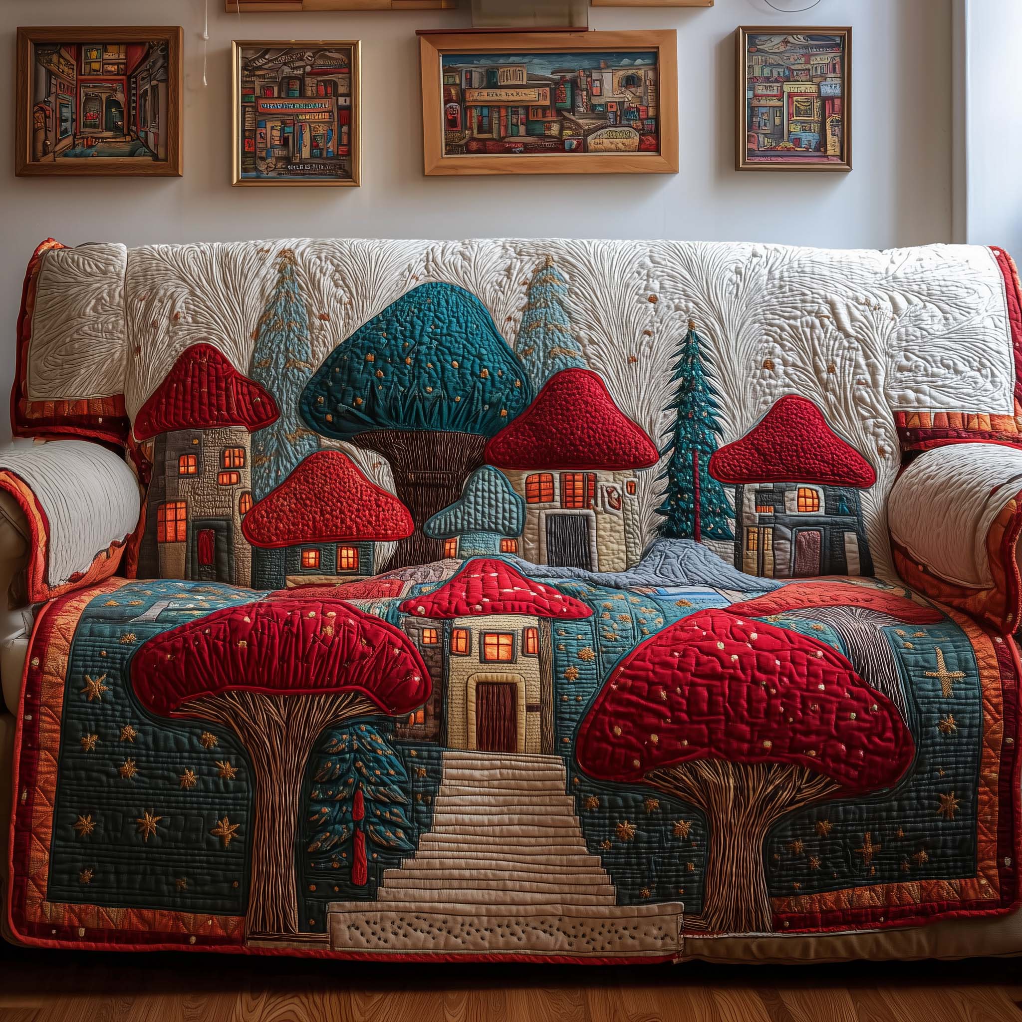 Mushroom Village Quilted Sofa Cover Forest Home Couch Cover Presents For New Home - Tradiviet