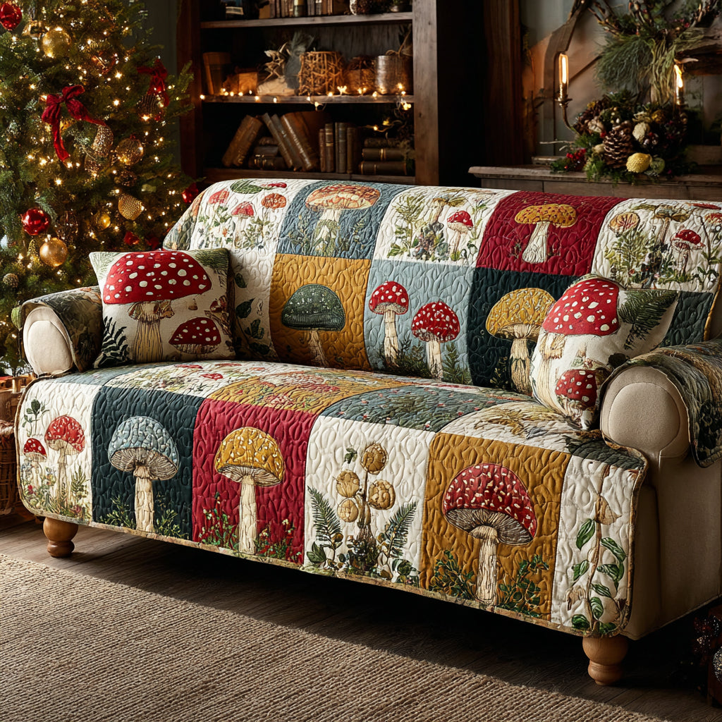 Mushroom Whimsy Woods Quilted Sofa Cover Table Room Decor Cozy Housewarming Gift Ideas - Tradiviet