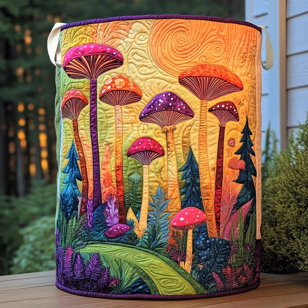 Mushroom Yuletide Quilted Laundry Basket Fabric Clothes Hamper Gifts For Mushroom Lovers - Tradiviet