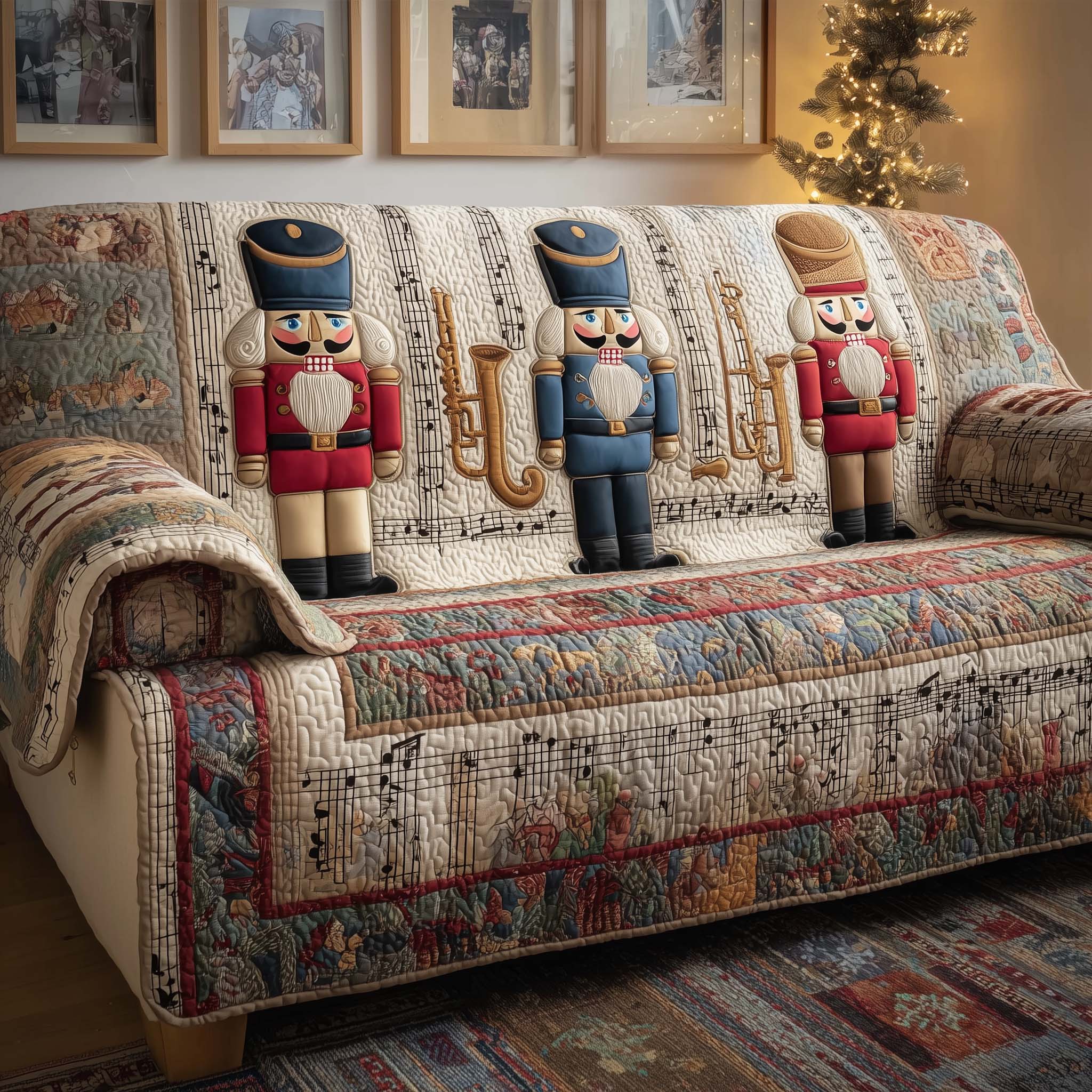 Music Nutcracker Quilted Sofa Cover Christmas Home Couch Cover Home Gift For Her - Tradiviet