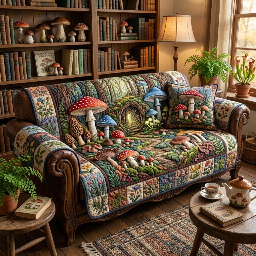 Mycology Garden Quilted Sofa Cover Room Decor Ideas Best Home Decor Gifts - Tradiviet