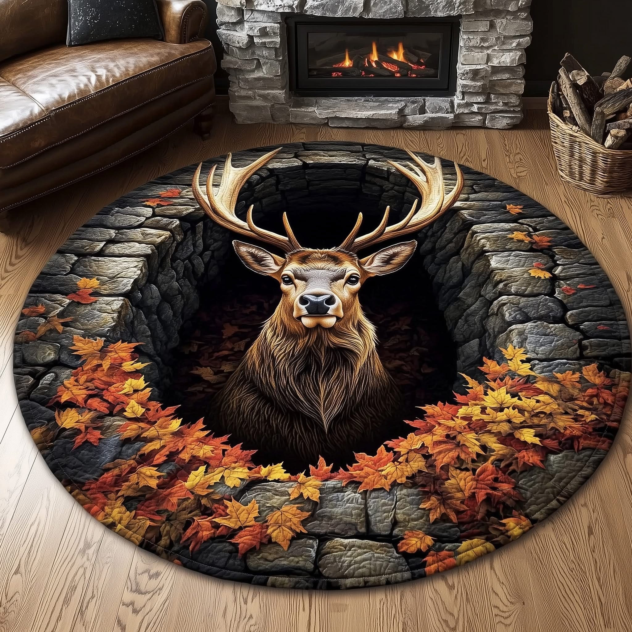 Mystic Autumn Deer Quilted Round Mat Autumn Maple Leaves Best Home Decor Gifts - Tradiviet