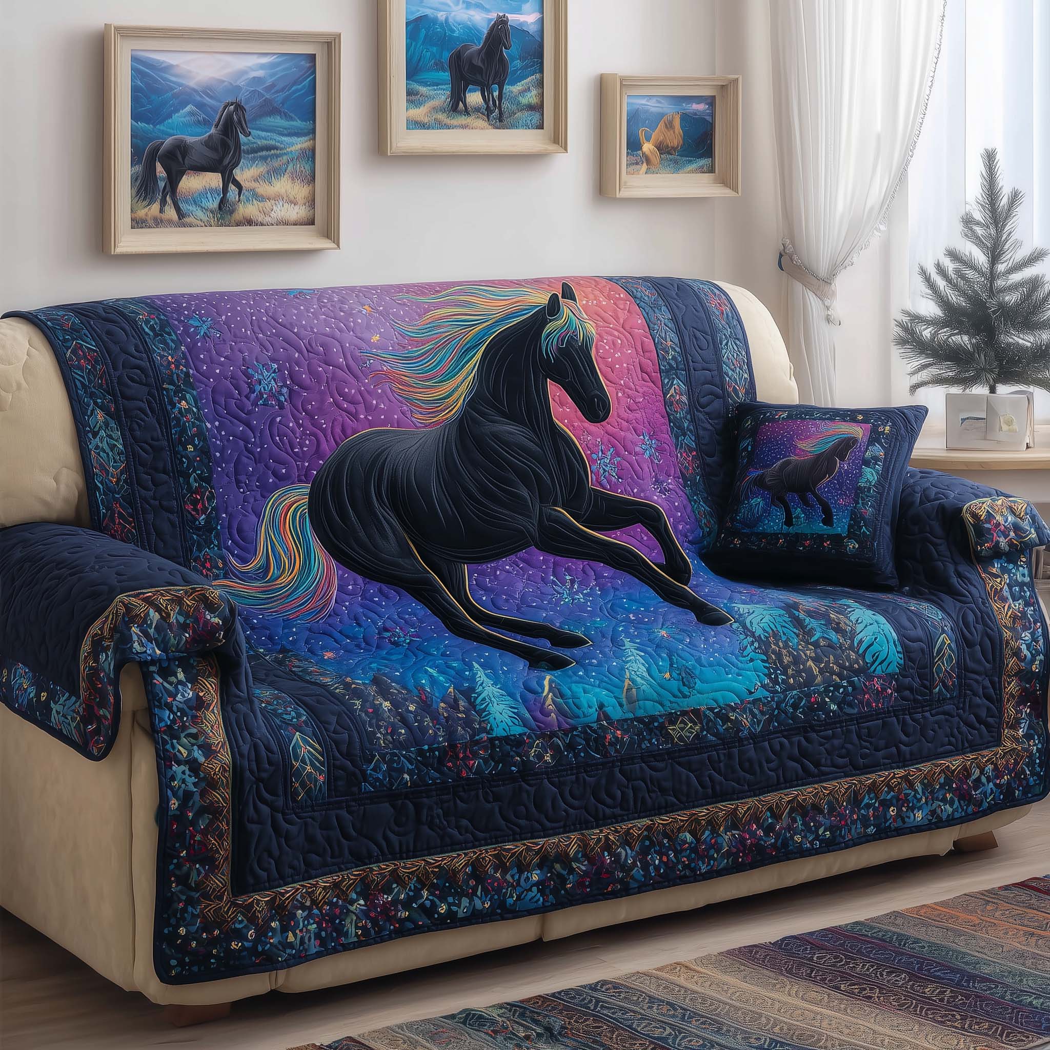 Mystic Mane Quilted Sofa Cover Western Home Couch Cover Best Housewarming Gift Ideas - Tradiviet