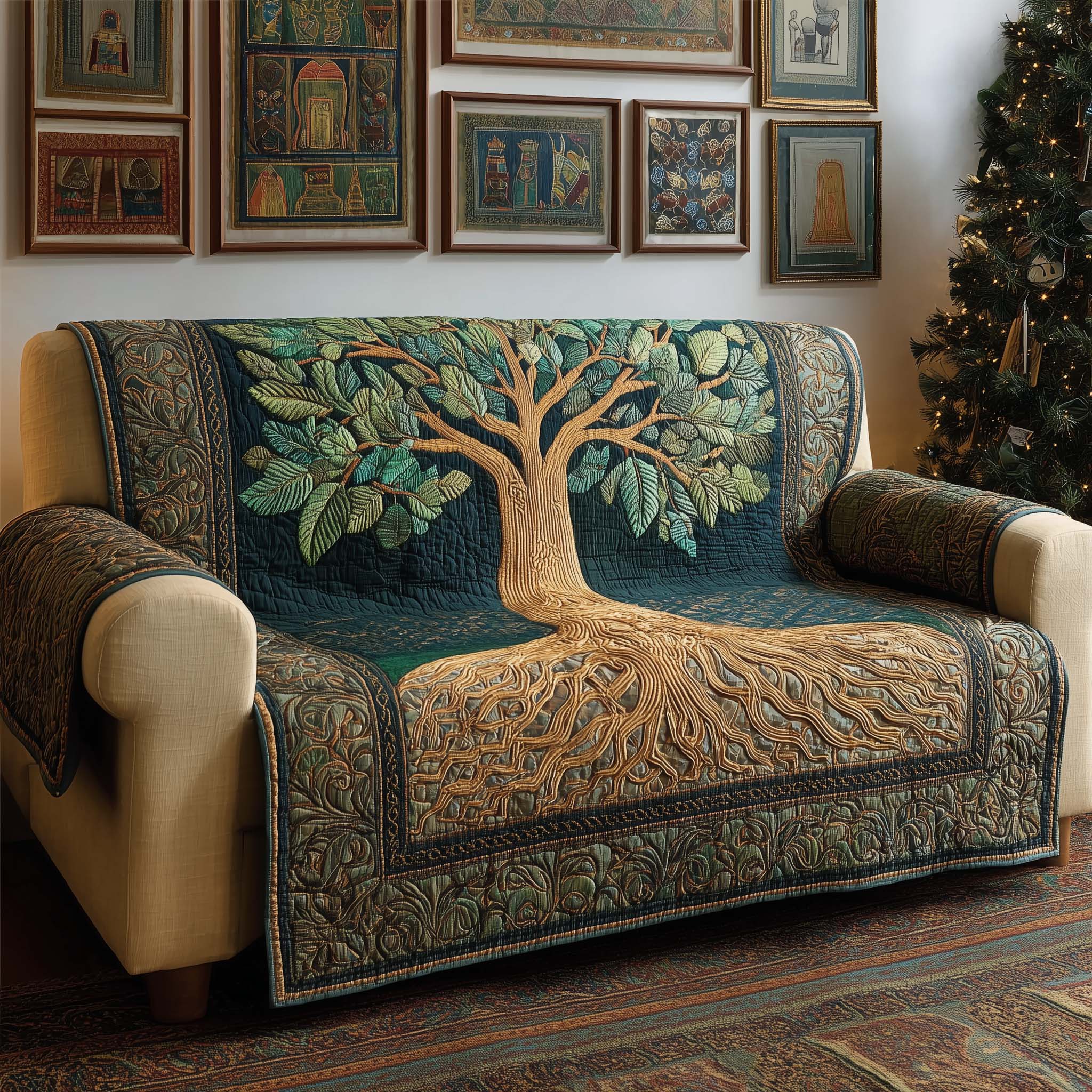 Mystic Tree Quilted Sofa Cover Forest Home Couch Cover Home Lover Gift Ideas - Tradiviet