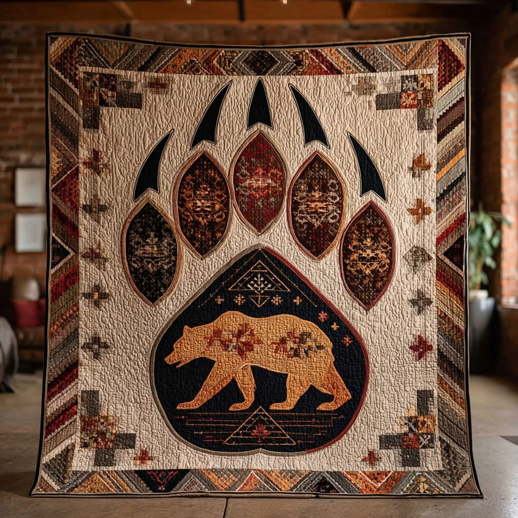 Native Bear Paw Strength Quilted Blanket Native American Merchandise Bear Themed Gift Items - Tradiviet