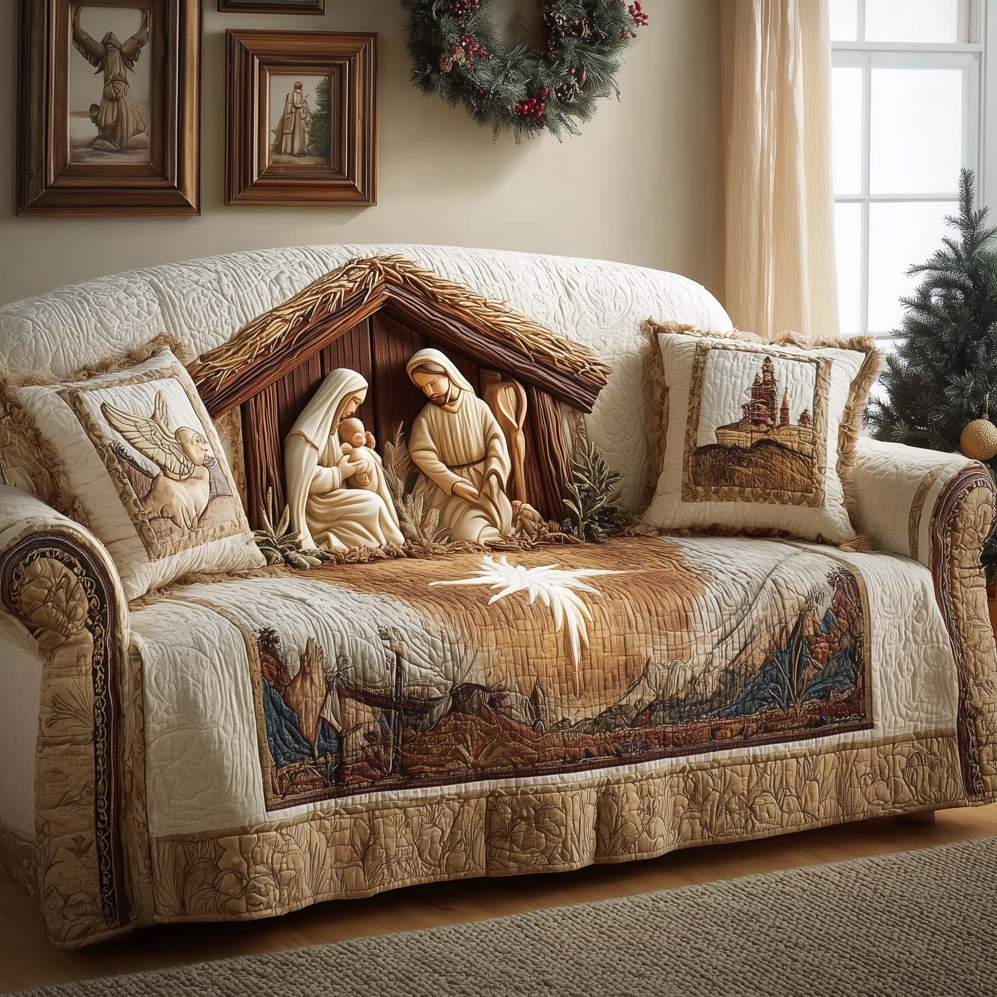 Nativity Scene Quilted Sofa Cover Christmas Home Couch Cover Cute Room Decor Gifts - Tradiviet