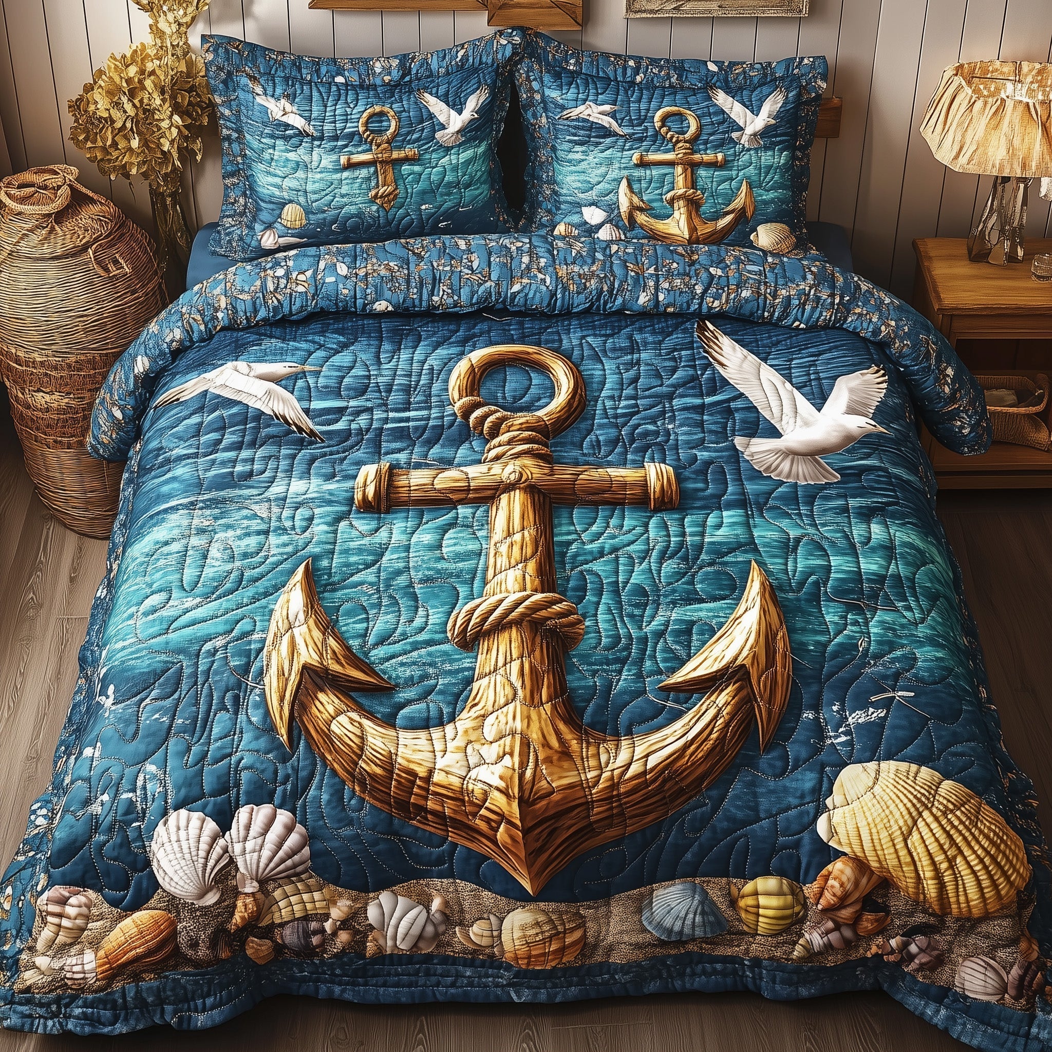 Nautical Anchor Quilted Bedding Set Nautical Anchor Homeware Gift For Nautical Fans - Tradiviet