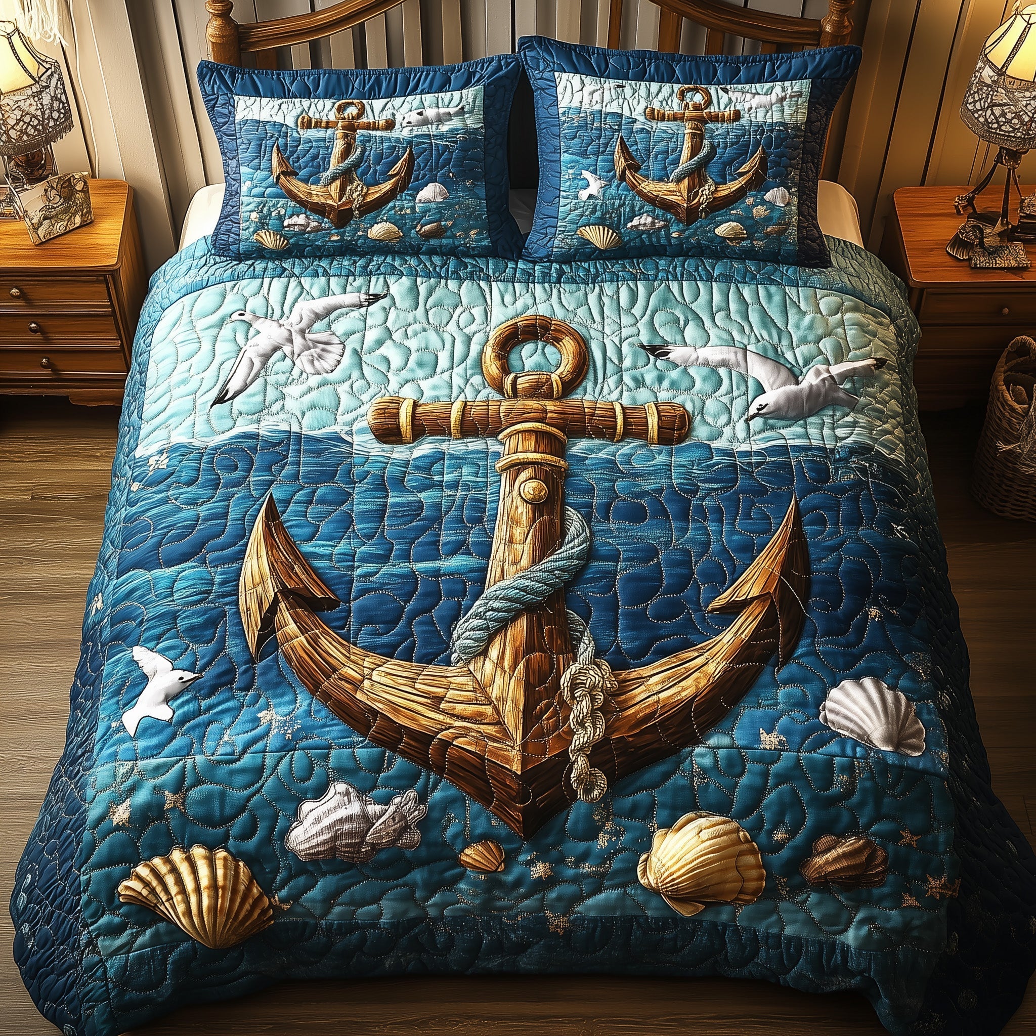 Nautical Anchor Quilted Bedding Set Nautical Anchor Textile Gift For Anchor Lovers - Tradiviet