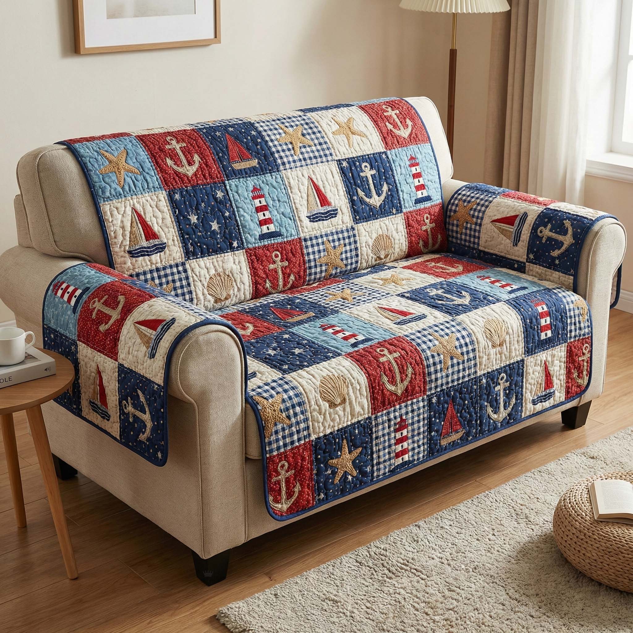 Nautical Patch Quilted Sofa Cover Coastal Home Couch Cover Gift For Cozy Spaces - Tradiviet