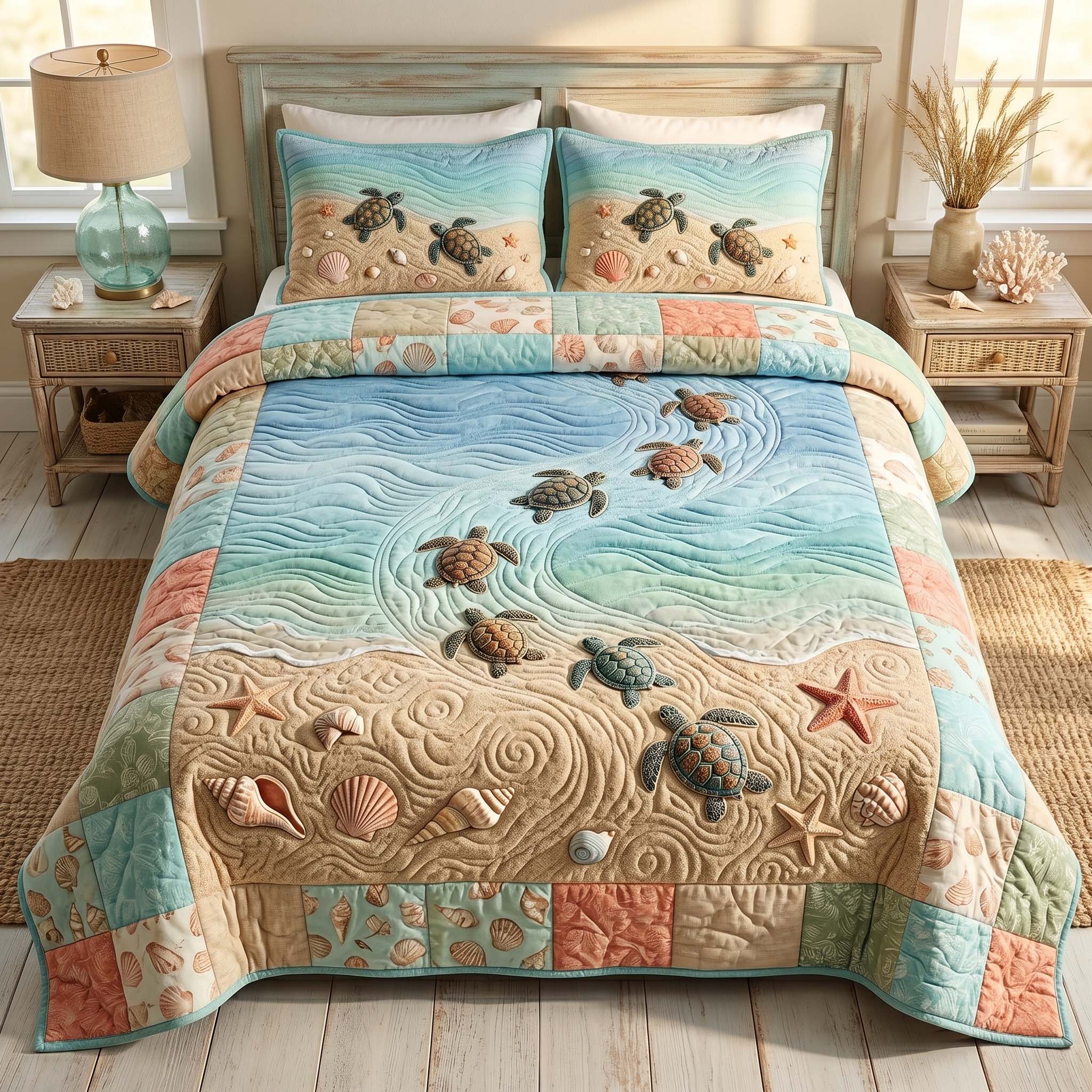 Nautical Turtle Patch Quilted Bedding Set Nautical Turtle Mood Gift For Nautical Turtle - Tradiviet