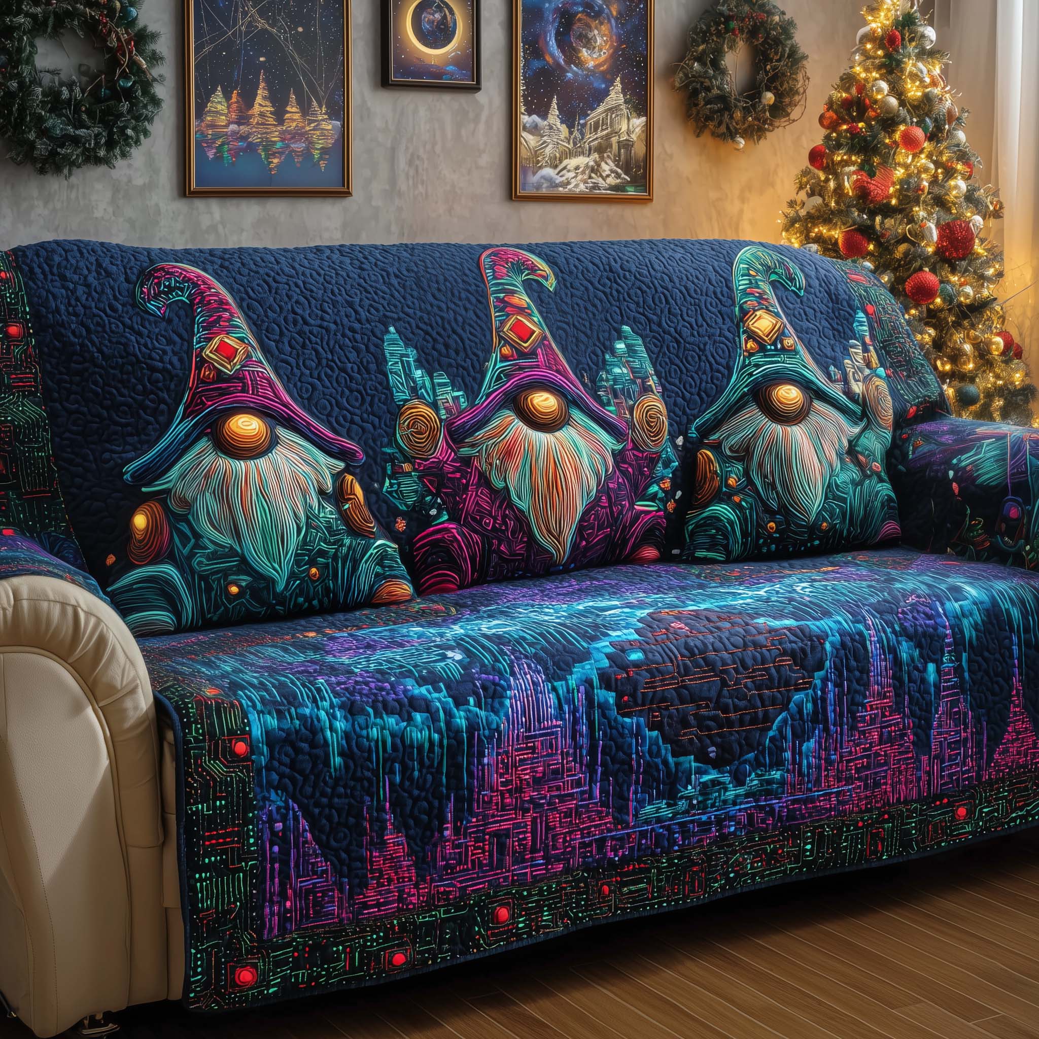 Neon Gnomes Quilted Sofa Cover Whimsical Home Couch Cover Gift For Home Decor - Tradiviet