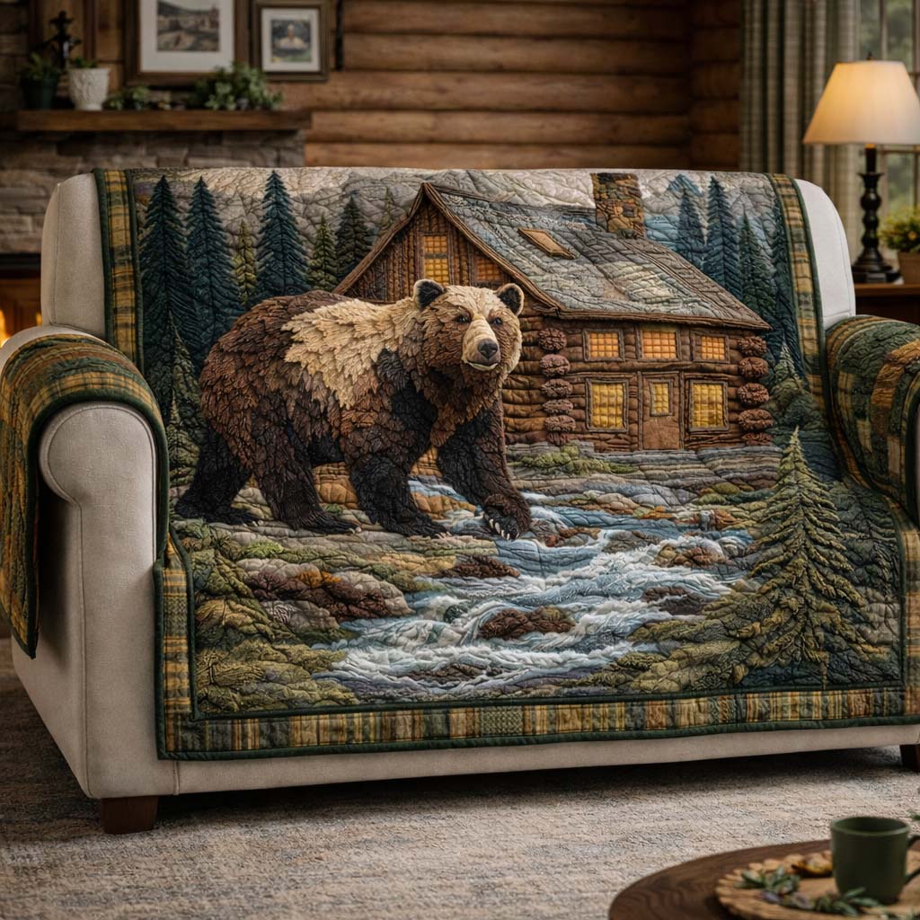 Noble Bear Quilted Sofa Cover Cabin Home Couch Cover Bear Gifts For Mom - Tradiviet