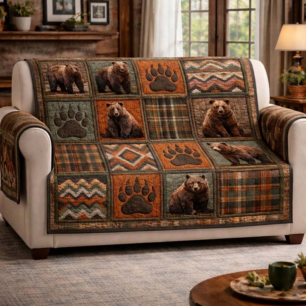 Noble Bear Quilted Sofa Cover Cabin Home Couch Cover Cool Bear Lover Gifts - Tradiviet