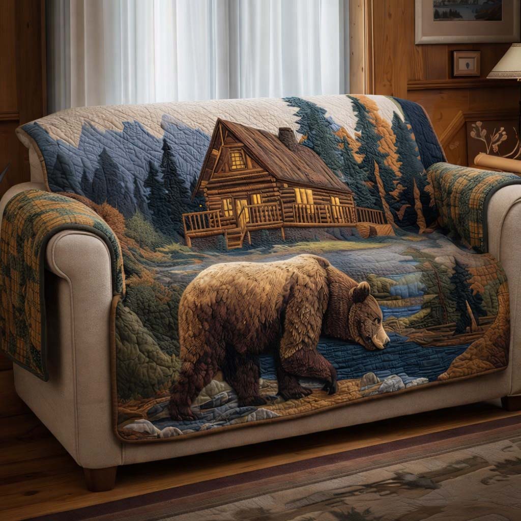 Noble Bear Quilted Sofa Cover Cabin Home Couch Cover Handmade Bear Lover Gifts - Tradiviet