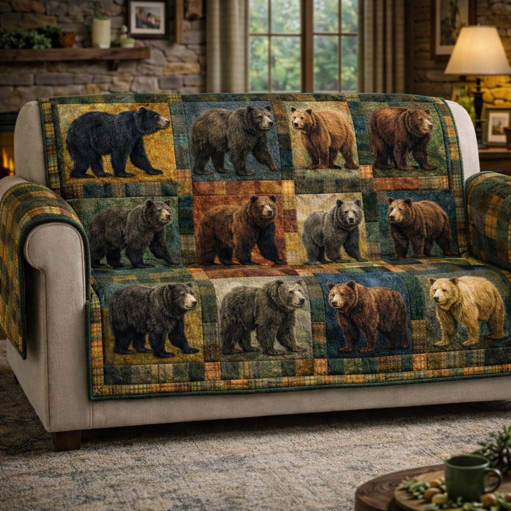 Noble Bear Quilted Sofa Cover Cabin Home Couch Cover Rustic Bear Cabin Gifts - Tradiviet