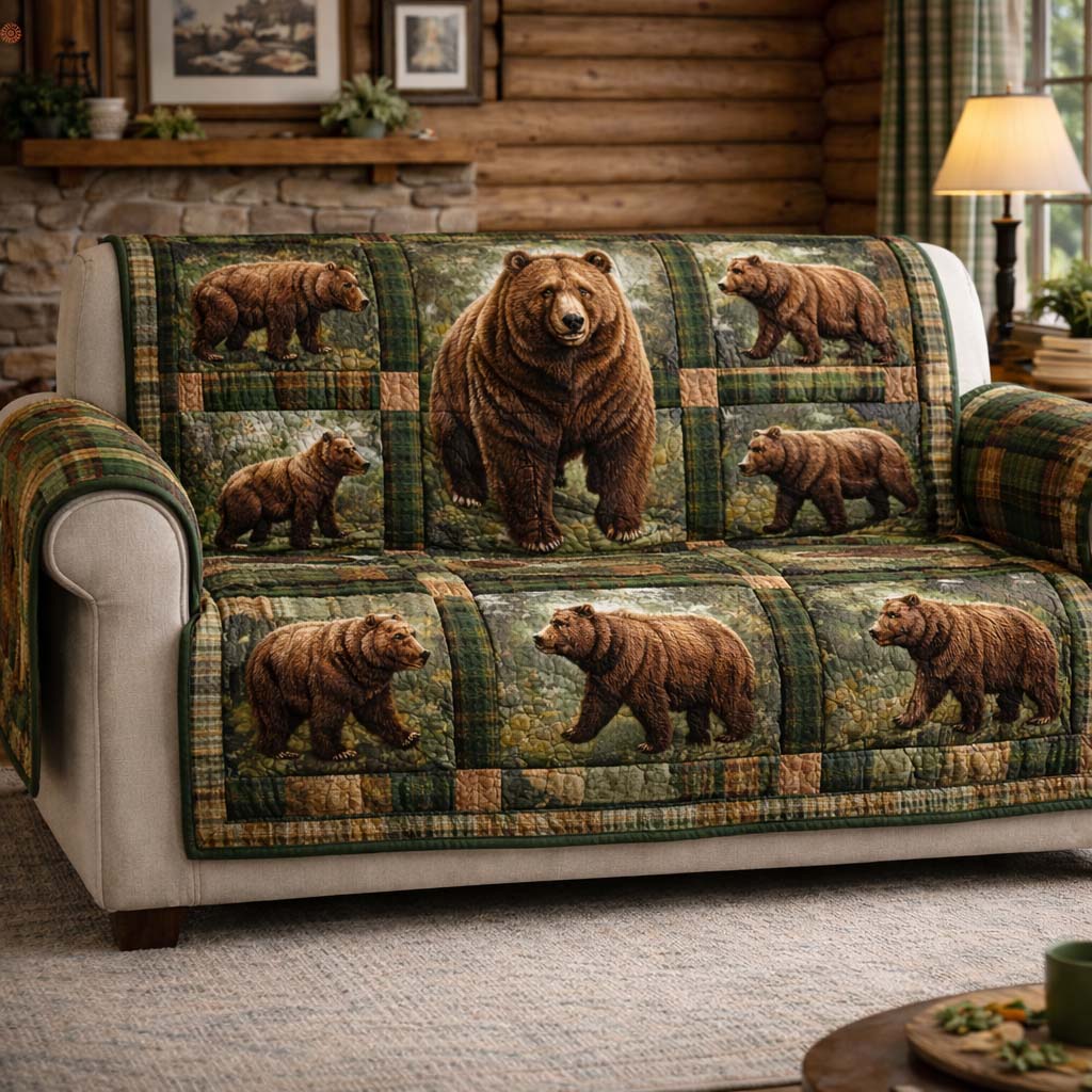 Noble Bear Quilted Sofa Cover Cabin Home Couch Cover Vintage Teddy Bear Gifts - Tradiviet